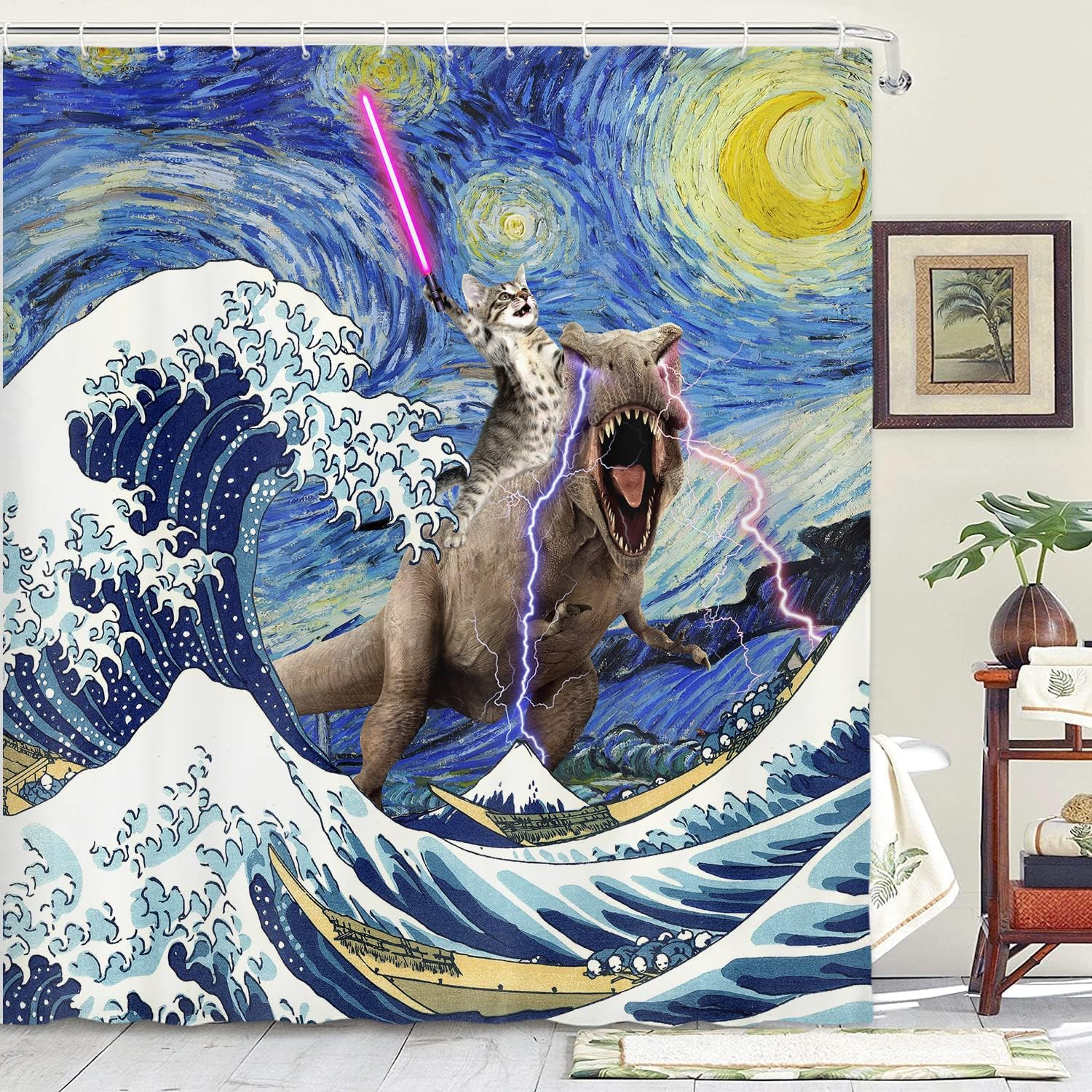 Funny Cat Dinosaur Shower Curtain, Cool Cats Ride Dinosaur on Blue Teal Ocean Shower Curtain Set, Underwater Animal Fish Seashell Jellyfish Coastal Shower Curtain for Bathroom (Blue, 70X70)