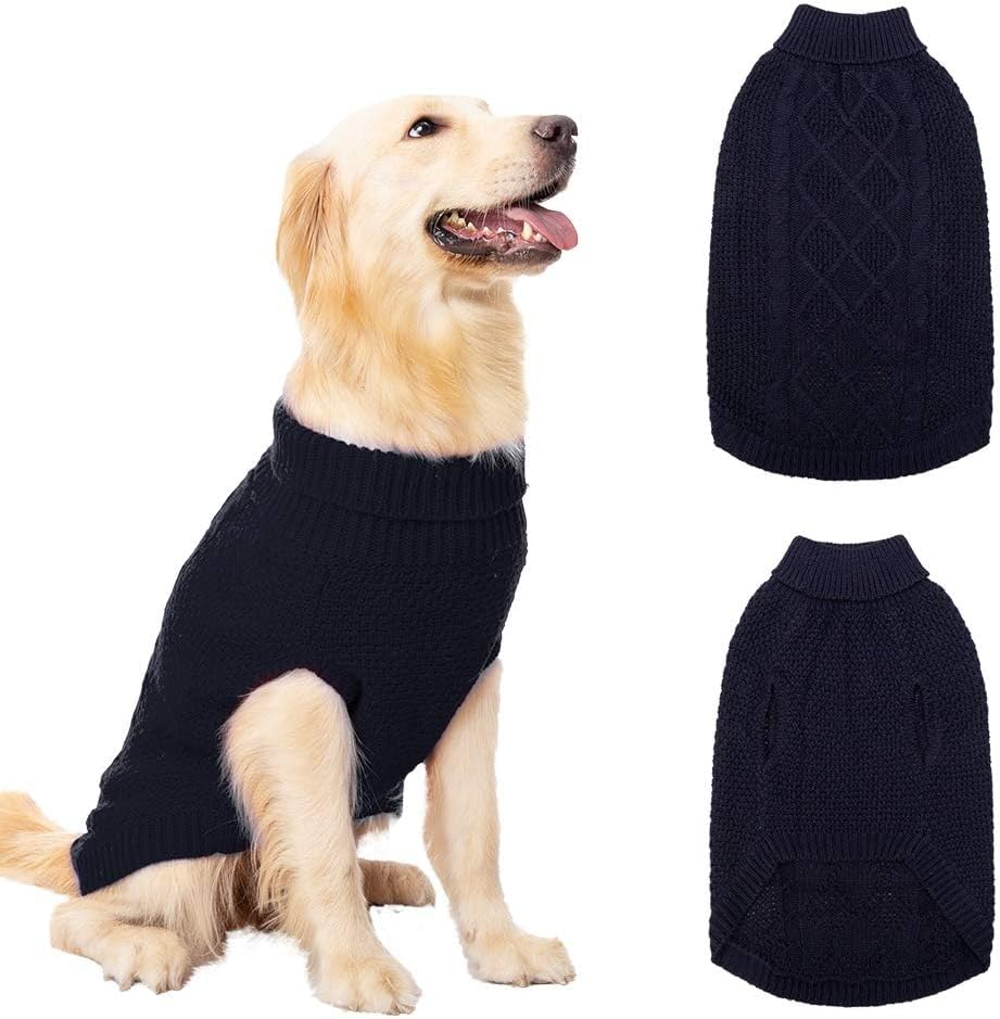 Turtleneck Dog Sweater - Winter Coat Apparel Classic Cable Knit Clothes with Leash Hole for Cold Weather, Ideal Gift for Pet in New Year