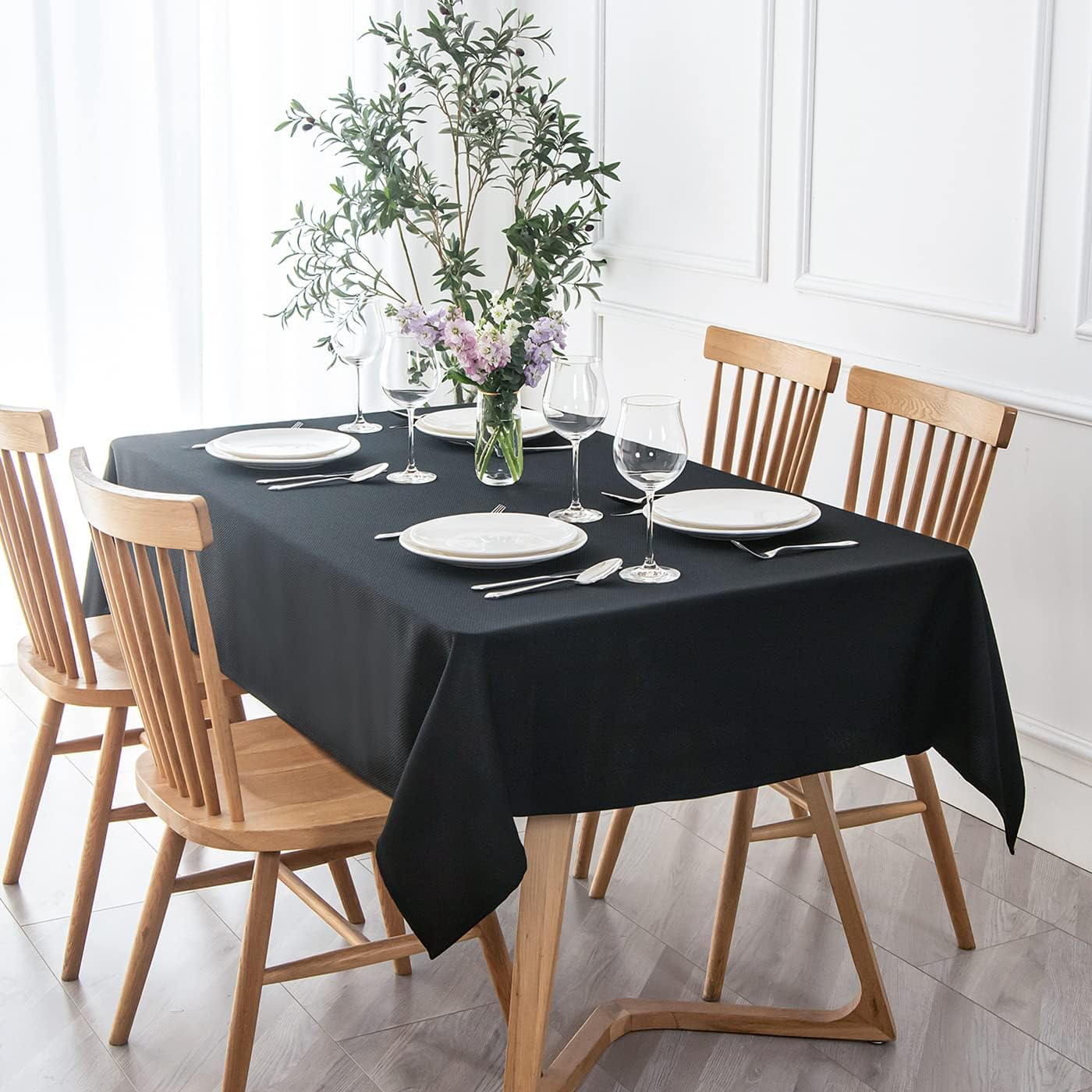 Rectangle Textured Tablecloth Waterproof Spillproof Wrinkle Free Table Cloth, Kitchen Dining Tabletop Decoration, Fabric Table Cover for Outdoor and Indoor Use, 52 x 70 Inch, Black