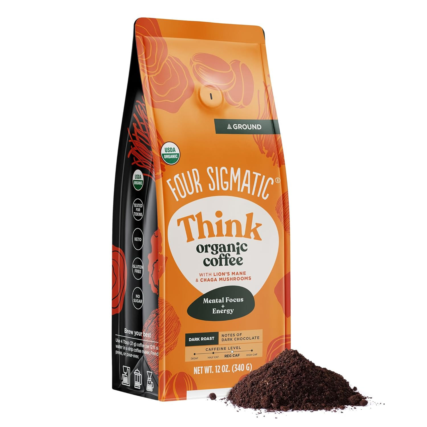 Organic Ground Mushroom Coffee - Dark Roast Gourmet Coffee with Lion's Mane & Chaga - 12oz