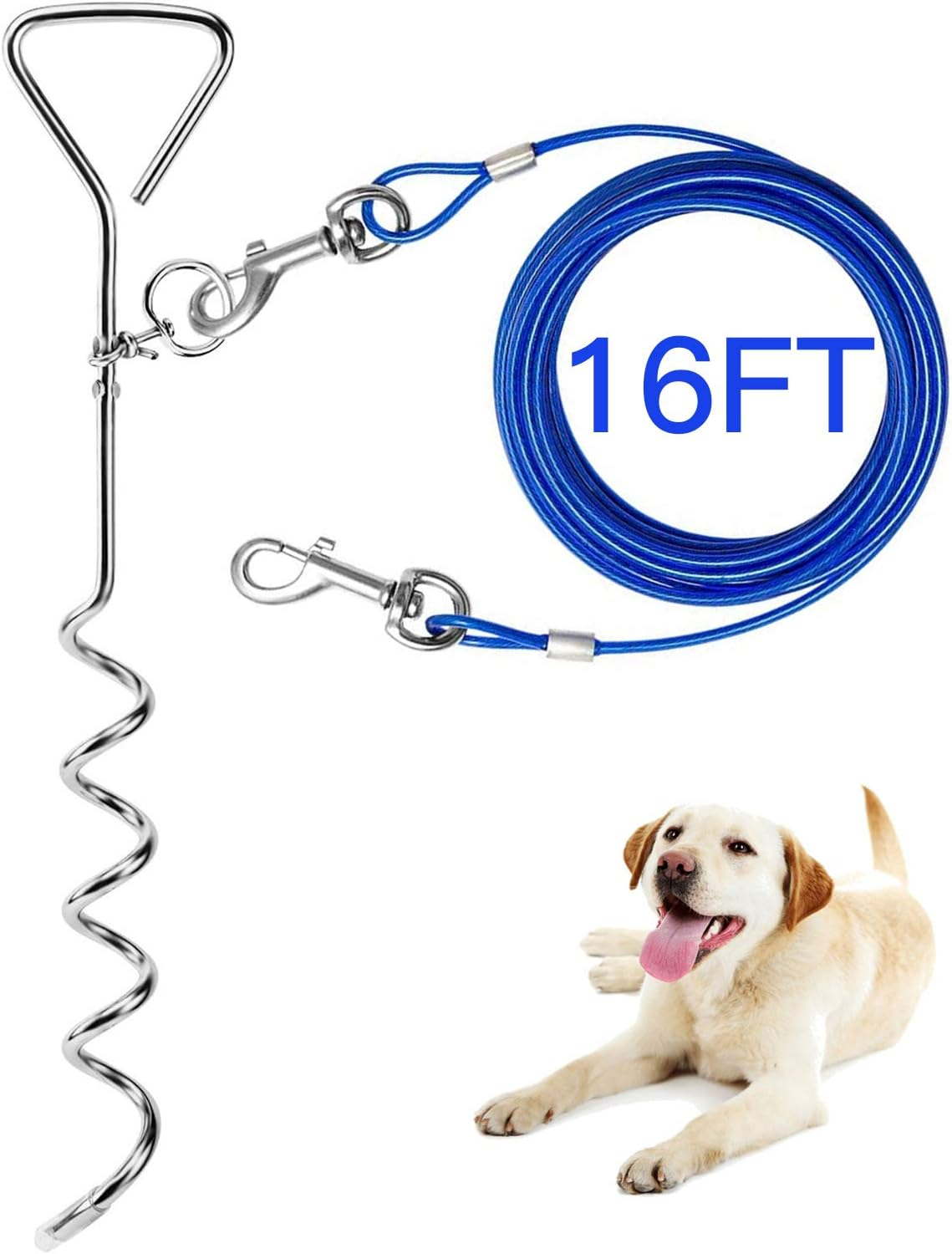 dog Tie Out Cable and Stake, 16Ft outside Dog Leash&Chain for Camping and Yard, 16'' Heavy Duty anti Rust Spiral Stake for Medium-Large Dogs up to 125 Lbs