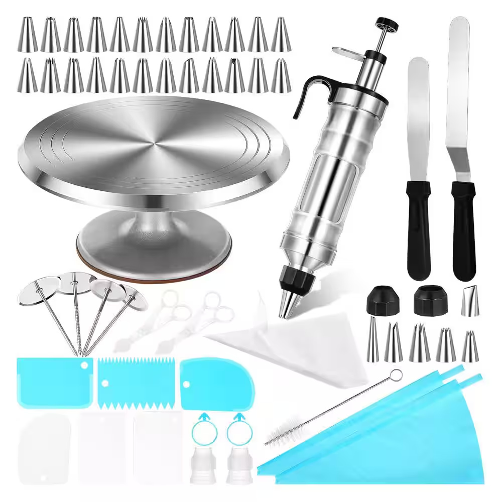 154-Piece Cake Decorating Kit W/ 12-Inch Aluminum Turntable, 34-Piece Decorating Set, 11 Cream Spatulas, 100 Piping Bags