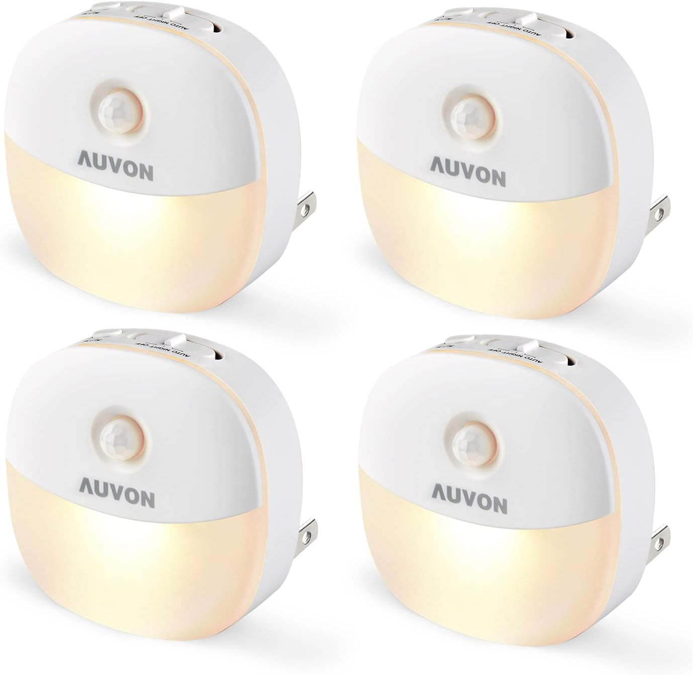 Plug in Night Light with Motion Sensor and Dusk to Dawn Sensor, Mini Warm White LED Nightlight with 1-50 Lm Adjustable Brightness for Bathroom, Hallway, Stairs, Bedroom, Kitchen, 4 Packs