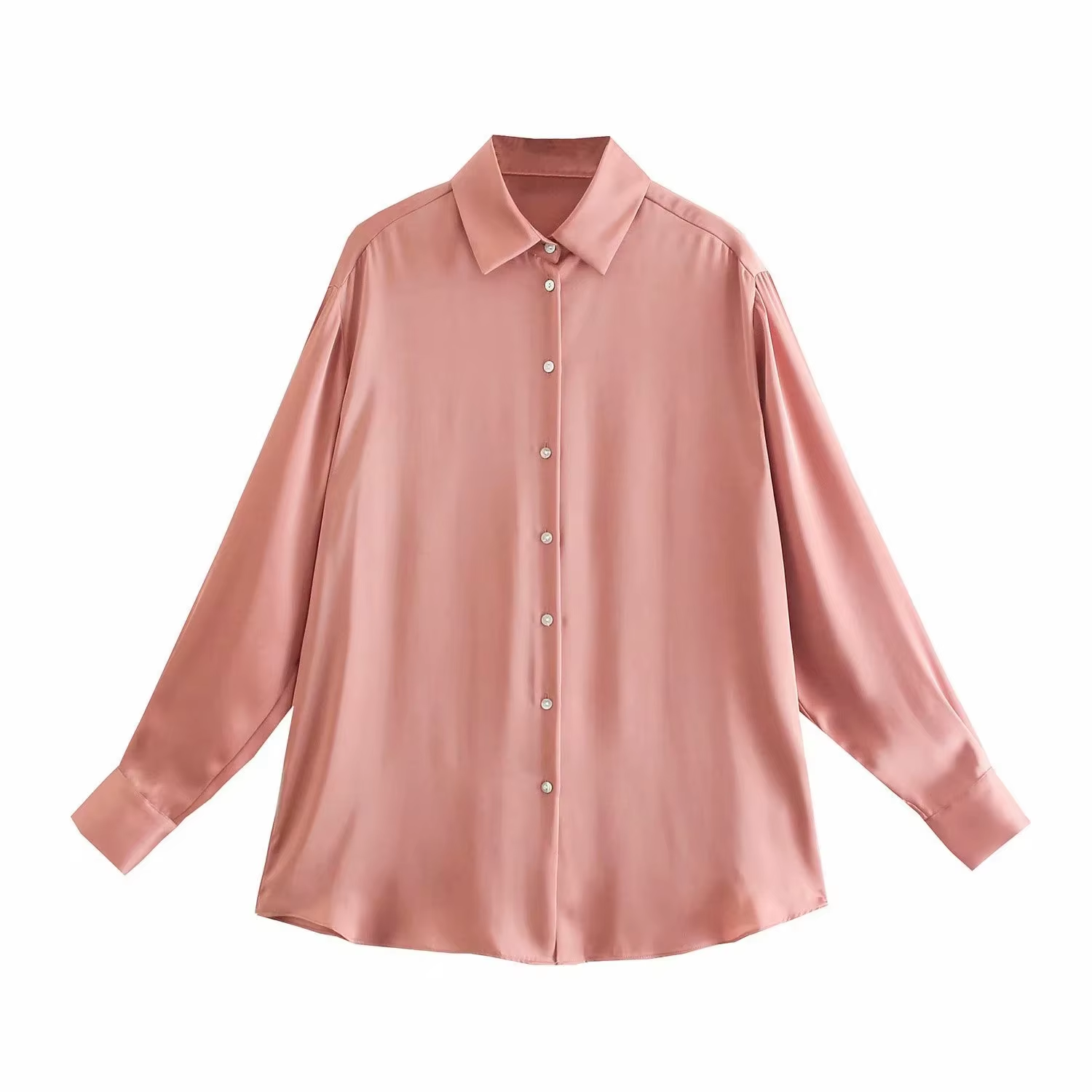 Women'S Chic Tops New Printed Satin Texture Blouse Shirts with Long Sleeves Button Decoration Sweet Crocheted Style MOQ 2Pcs