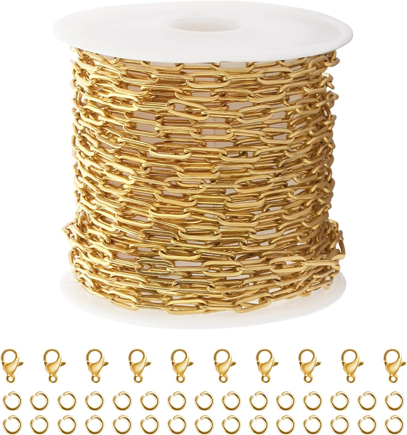 5M Gold PVD Plated Necklace Chain for Jewelry Making 304 Stainless Steel Paperclip Chain Roll with Lobster Clasps and Jump Rings for Men Women Making Jewelry Craft Support Jewelry Findings