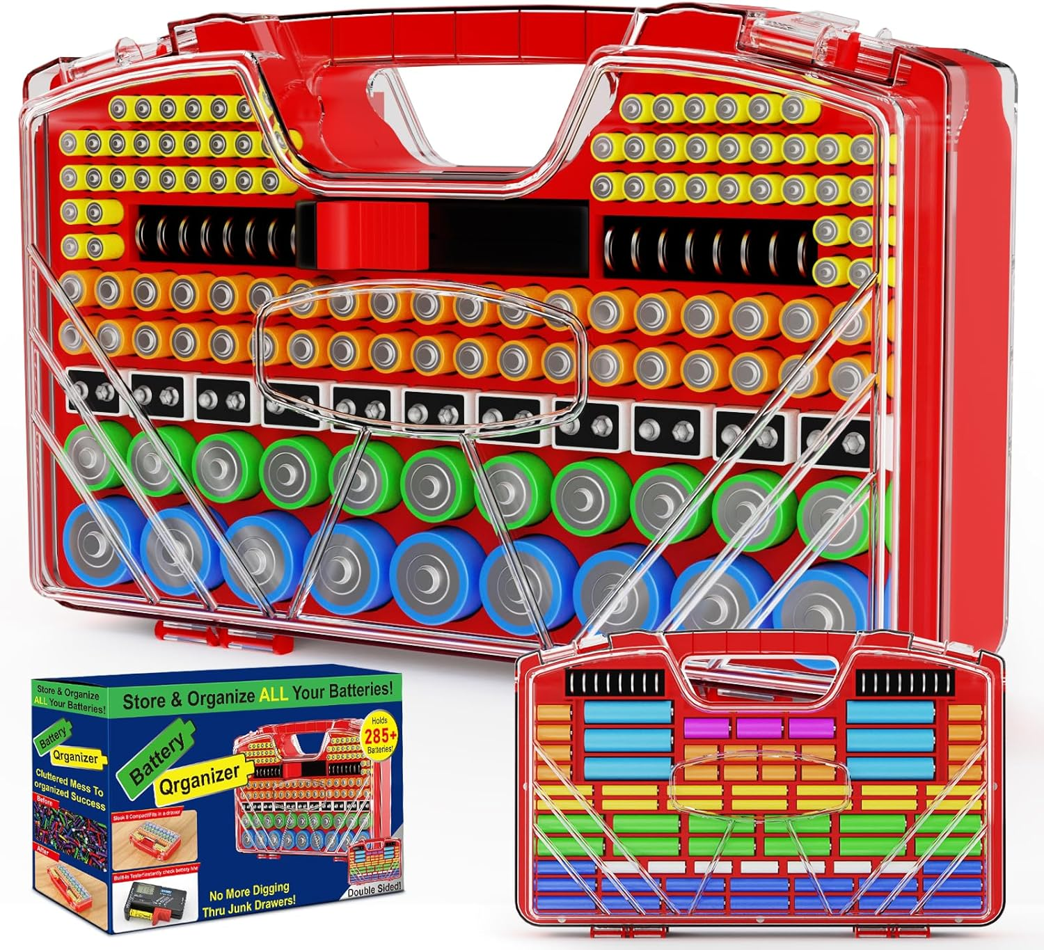 LESHZHEN Battery Organizer Storage Box With Tester – 285+ Capacity, Double-Sided, Fits AA AAA C D 9V 18650 & Button Cells