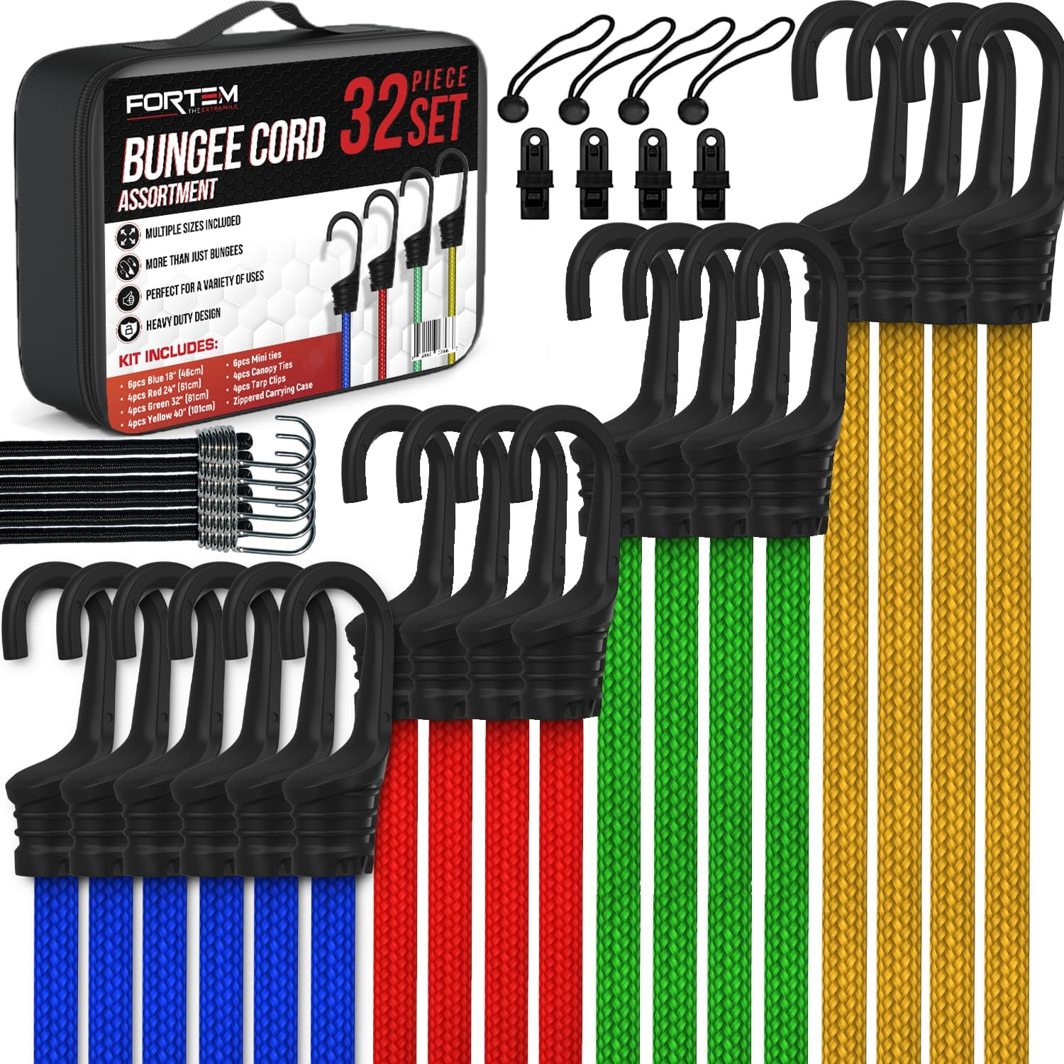 Bungee Cord Assortment, 32pk Bungee Cords Multi Pack, Includes 10