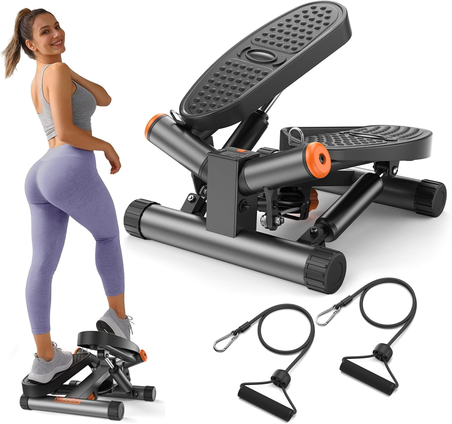 Steppers for Exercise, Stair Stepper with Resistance Bands, Mini Stepper with 300LBS Loading Capacity, Hydraulic Fitness Stepper with LCD Monitor