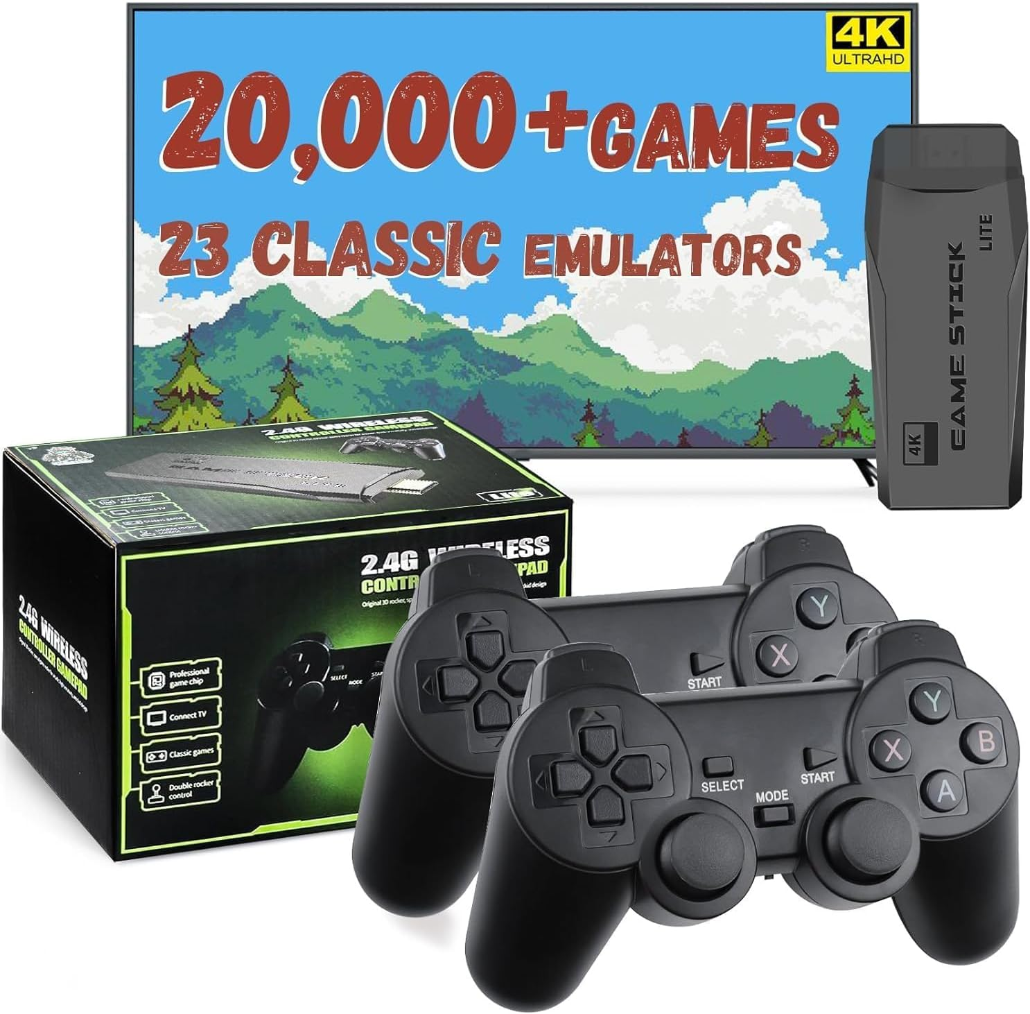 New Retro Gaming Console & Game Stick Pro - 20,000+ Classic Video Games, 23 Emulators, Dual Wireless Controllers, 4K HDMI Output, Plug & Play, Compatible with TV, PC, Projector, 64GB