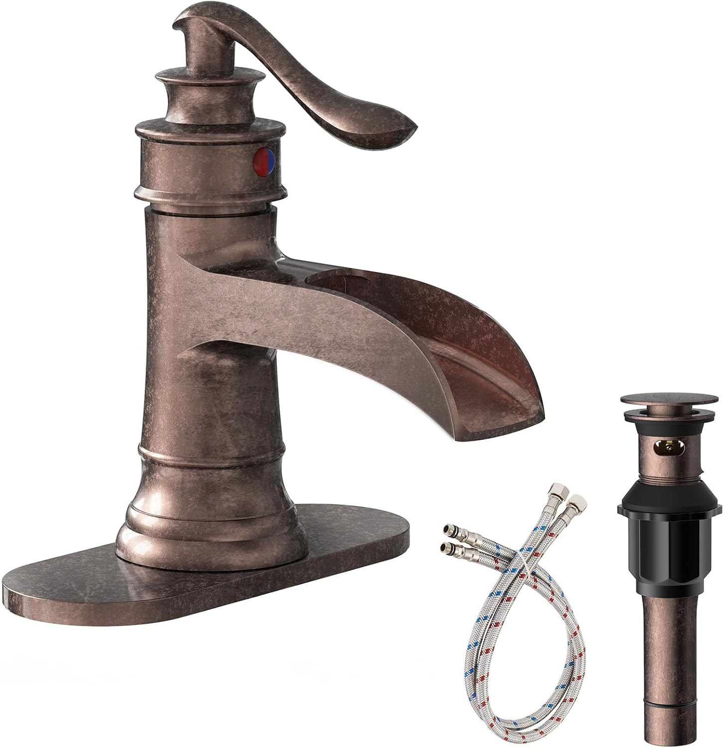 Homevacious Bathroom Faucet Copper Waterfall Bathroom Sink Faucets with Single Handle Rustic Vanity Farmhouse RV Faucet Suitable for 1 or 3 Holes with Pop-Up Drain Deck Plate Hose