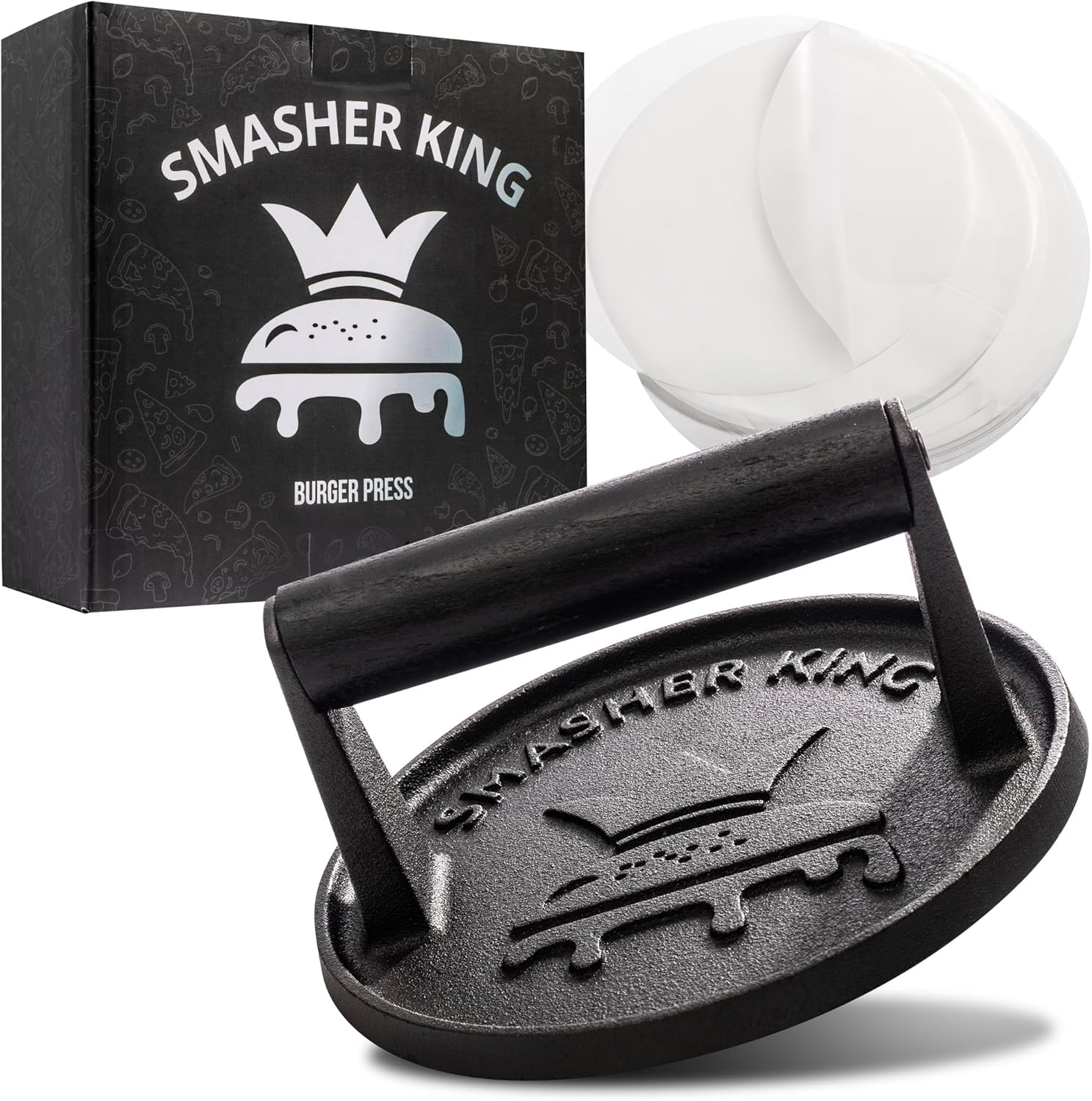 SMASHER KING™ - Premium Cast Iron Smash Burger Press Incl. 25 Pcs of Patty Paper, Burger Smasher for Griddle with Black Wood Handle, Perfect Hamburger Press