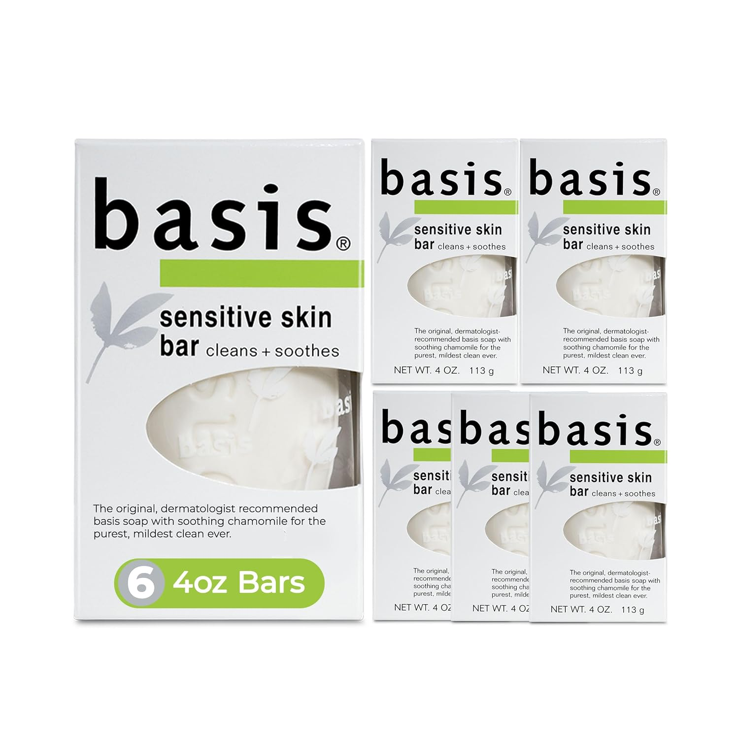 Basis Sensitive Skin Bar Soap for Body, Hands and Face, Unscented Soap Bar for Sensitive Skin with Chamomile and Aloe Vera, Bar Soap Bulk Pack, 4 Oz Bar, Pack of 6