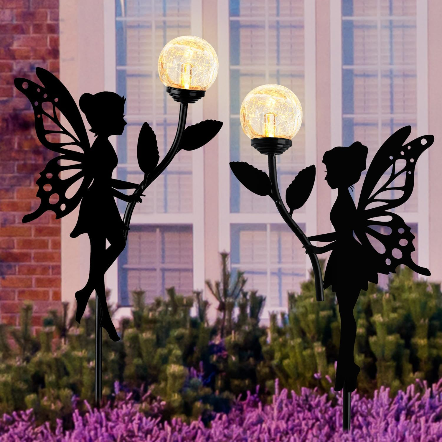 Ouddy Decor 2 Pack Solar Fairy Garden Decor, Metal Statues with Crackle Glass Globe Lights Silhouette Waterproof for Outdoor Lawn Patio Yard Pathway Home Decorations Gardening Gifts for Mother'S Day