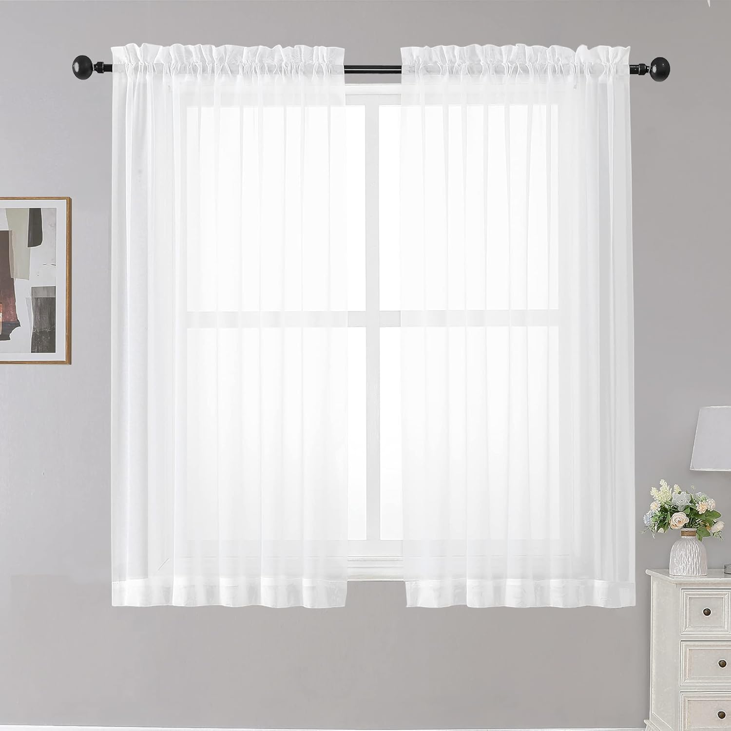 OWENIE White Sheer Curtains, 45 Inches Long, 2 Panels, Rod Pocket, Light Filtering, Cafe Curtains for Kitchen, Bedroom, Small Window, 42W X 45L, 100% Polyester