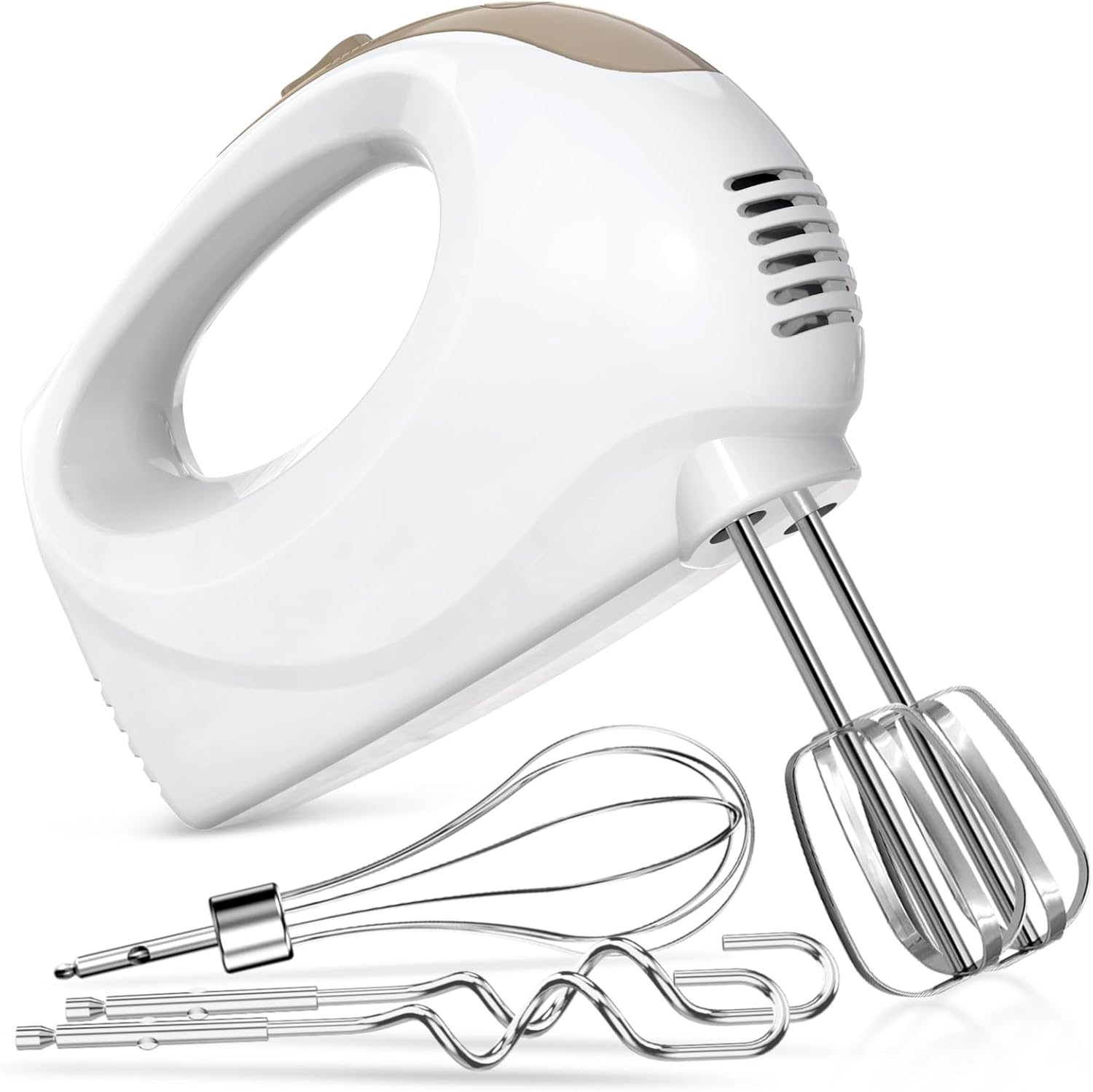 Hand Mixer - 5 Speed Portable Kitchen Mixer Electric Handheld with 5 Stainless Steel Accessories Whisk, Beater, Ivory