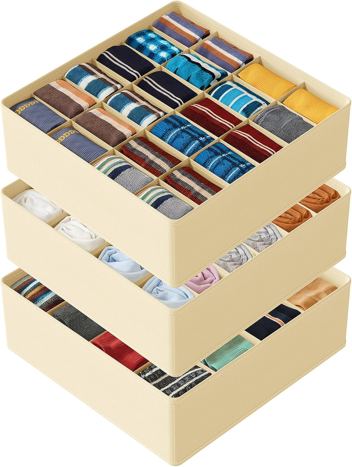 Sock Drawer Organizer Divider 3 Pack, 64 Cell Dresser Closet Nursery Underwear Organizers Storage Bins for Organizing Socks Underwear Ties Belts (Beige)