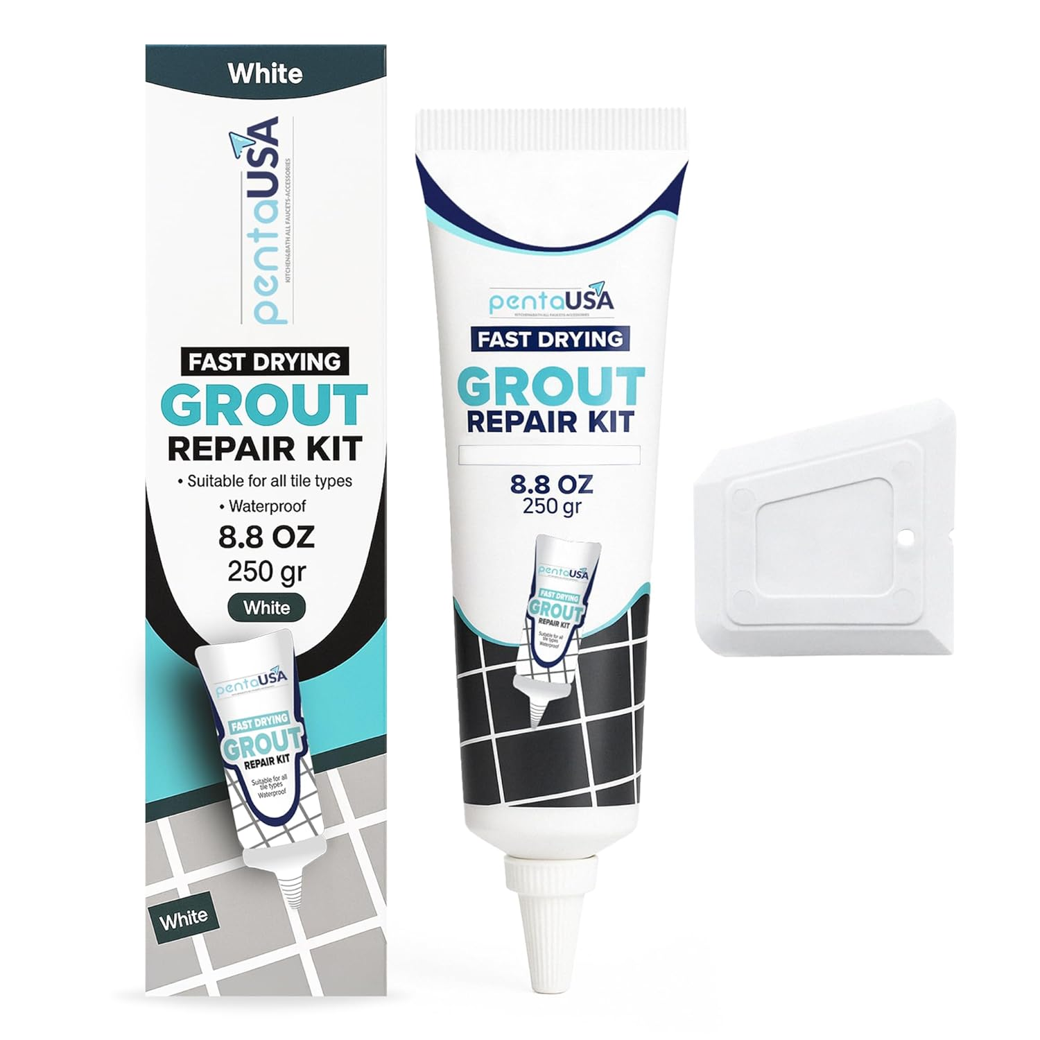 Pentausa Tile Grout Repair Kit - Premixed Squeezable Sanded Grout Filler for Shower, Bathroom & Kitchen, Fast Drying Waterproof Triple Protection, Fills Cracked Grout Lines (White, 8.8Oz / 250G)