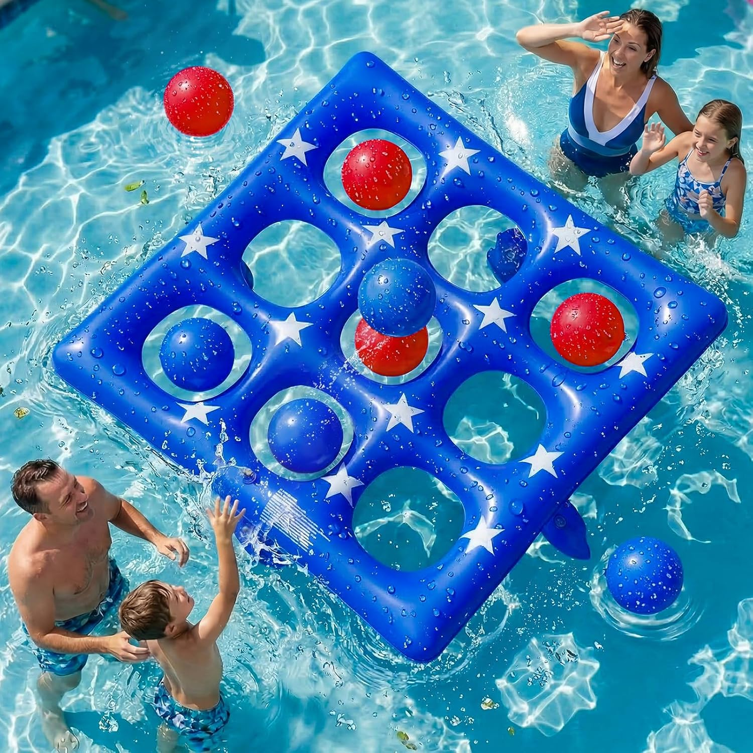 Pool Party Toys Games Set - Giant Inflatable Tic Tac Toe Float Game, Outdoor Pool Games for Adults Kids Family Pool Toys for 2-10 Players, Fun Swimming Beach Yard Activities with 10 Balls for Ages 6+