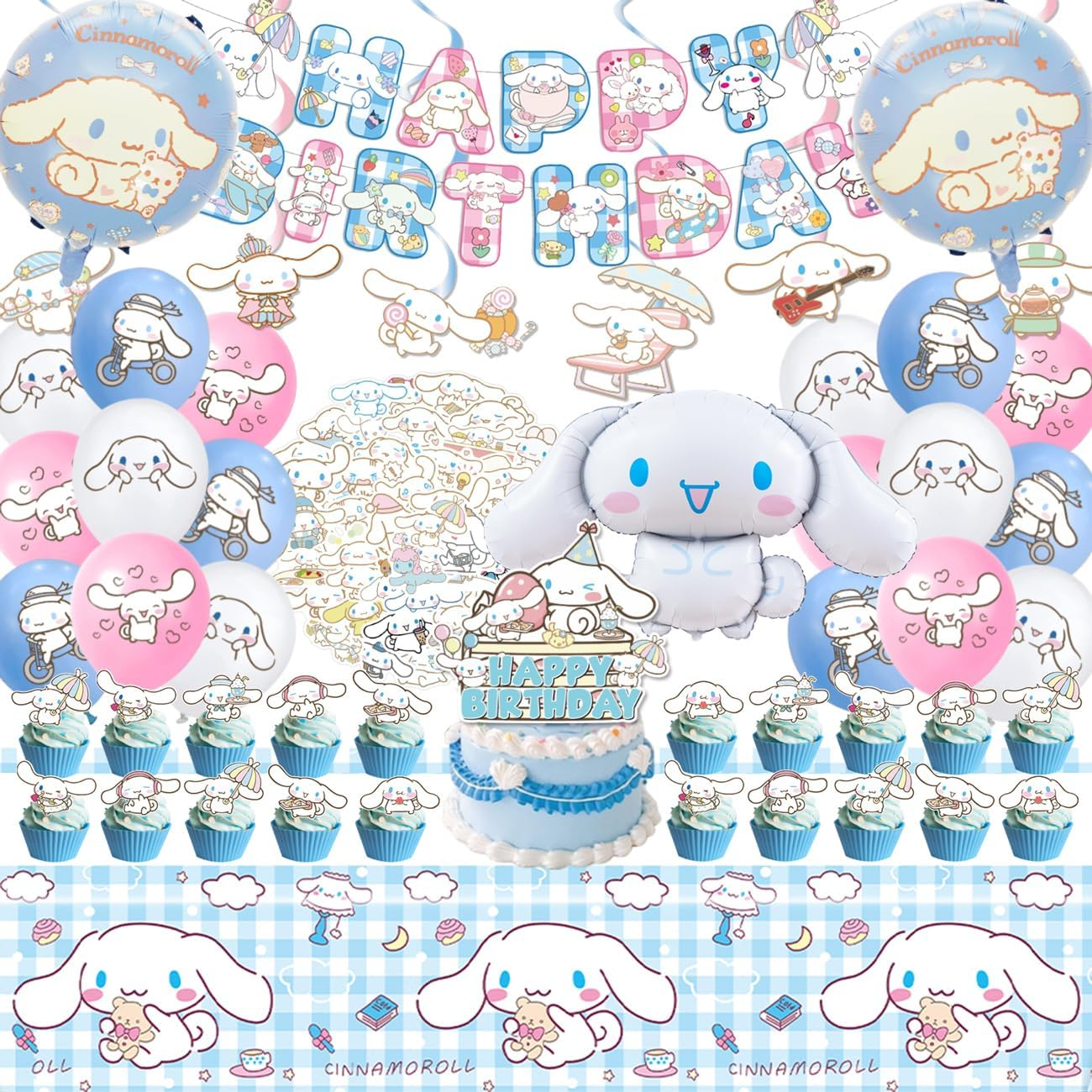 Cinnamoroll Birthday Decorations, 101Pieces Party Supplies Set Include Banner, Balloons, Stickers, Hanging Swirls, Cake Cupcake Toppers, Tablecloth for Kids Cinnamoroll Theme Party