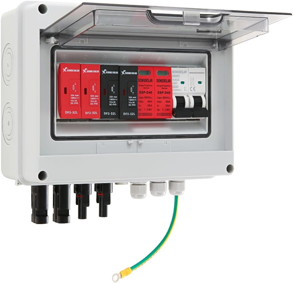  600V Solar DC PV Combiner Box,2 String with Lightning Arrester Connector for On/Off Grid Solar Panel System,2 Input 1 Out 15A Rated Current Fuse,63A Circuit Breaker,Ip65 Waterproof,Mcb,Spd