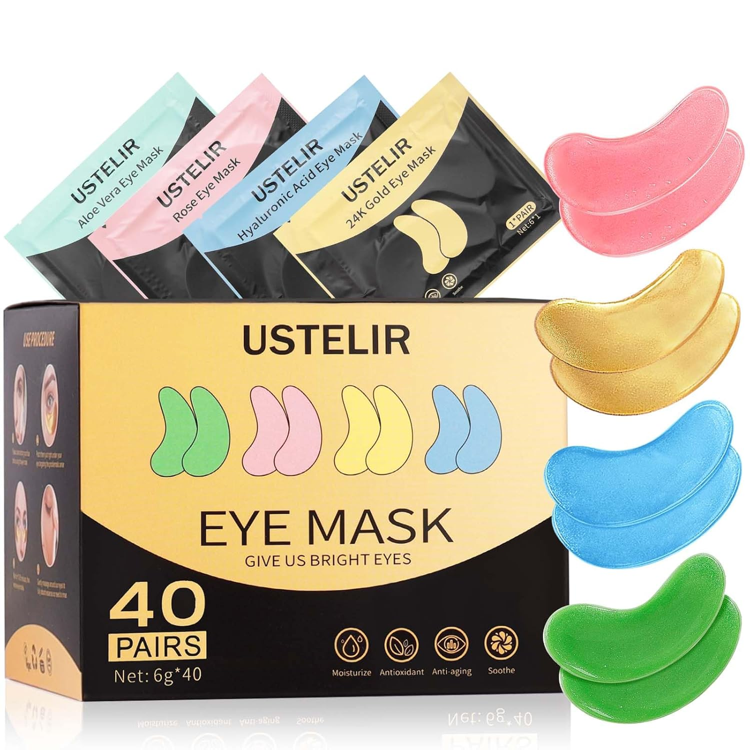 Under Eye Patches 40 Pairs – Gold, Hyaluronic Acid & Aloe Vera