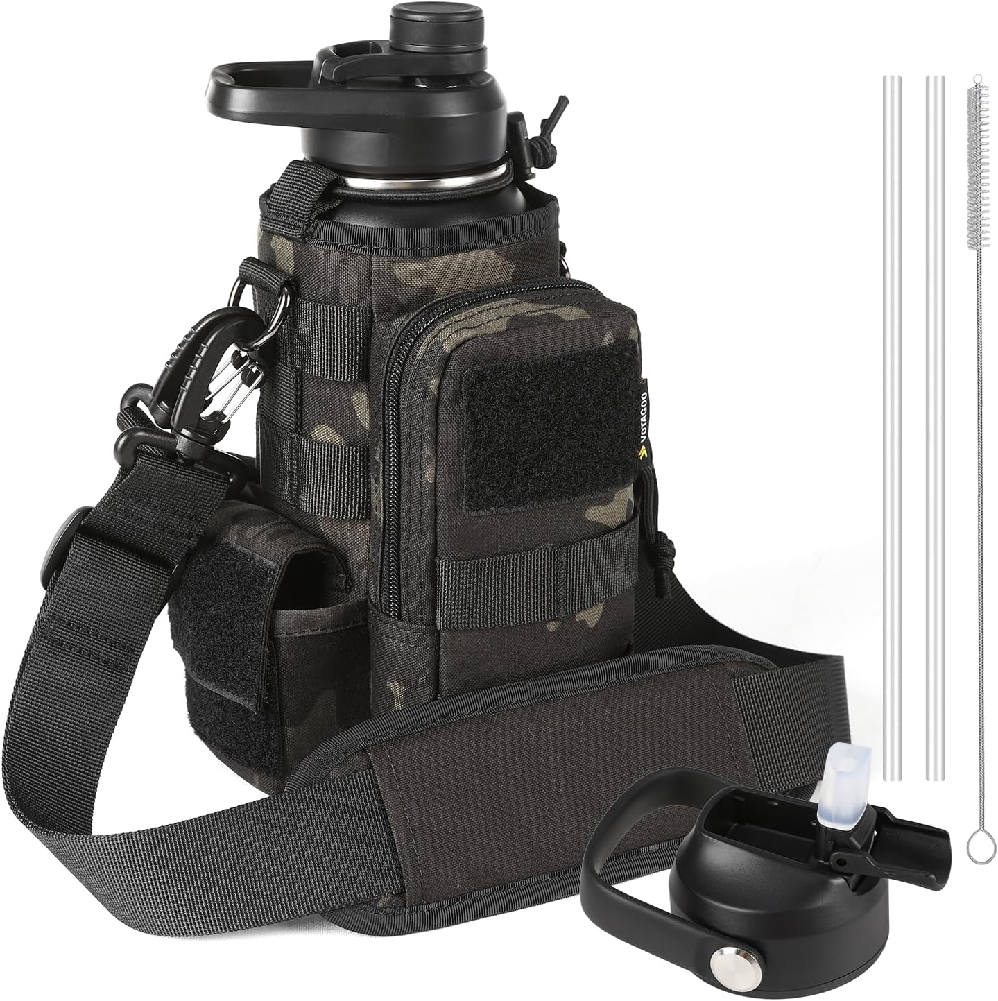 32 Oz Insulated Water Bottle - Stainless Steel Tactical Flask with Straw Lid & Chug Cap, Metal Military Water Bottle with Rugged, Removable Sleeve Can Place Items for Hiking Camping Hunting