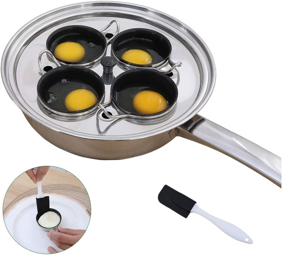 Egg Poacher Pan - Stainless Steel Poached Egg Cooker – Perfect Poached Egg Maker – Induction Cooktop Egg Poachers Cookware Set with 4 Nonstick Large PFOA FREE Egg Poacher Cups and Silicone Spatula…