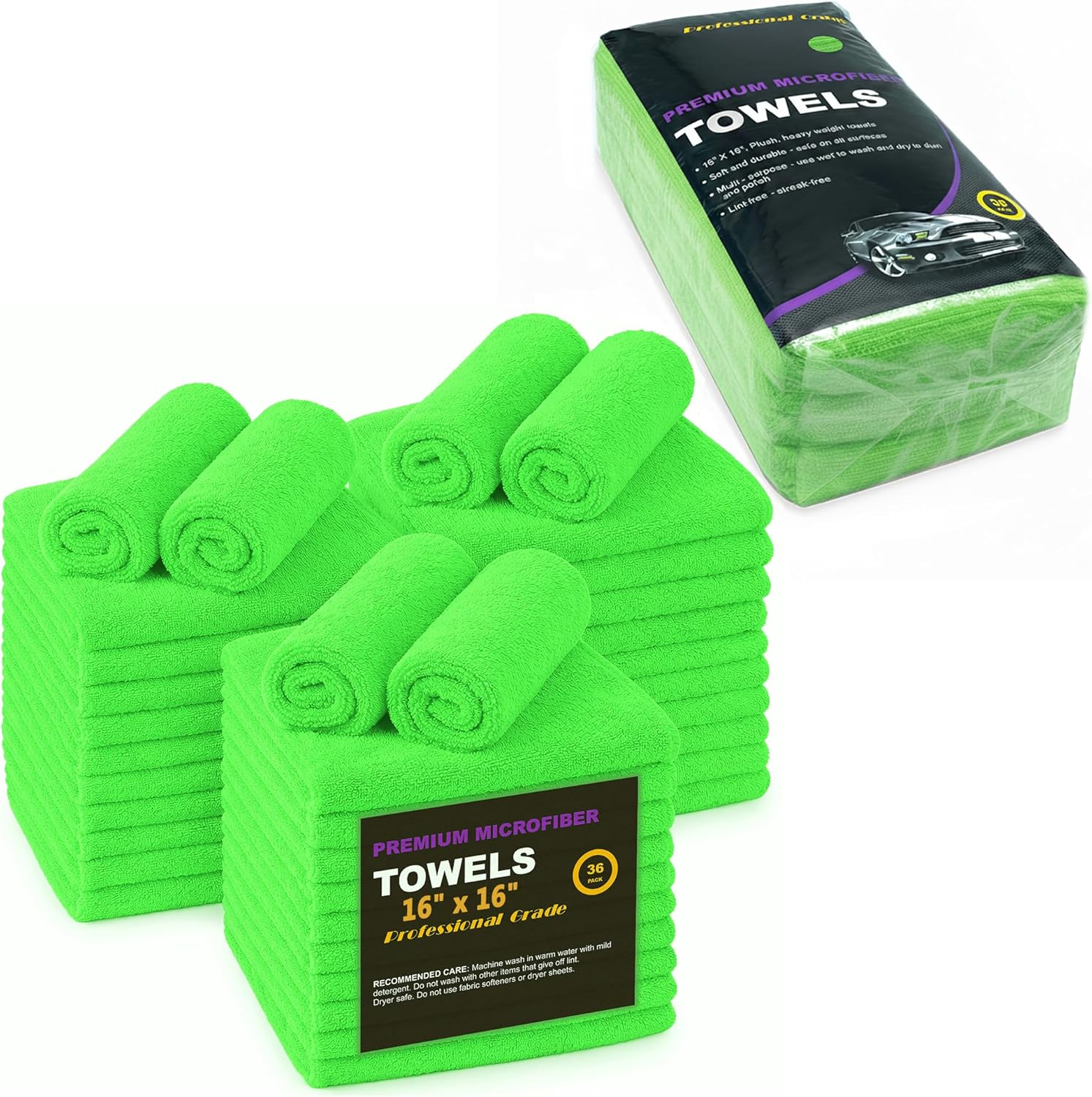 Green Large Microfiber Cleaning Towels,36-Pack Dual-Sided Ultra Soft Plush Washcloth, Professional Grade Premium Microfiber Detailing Cleaning Cloths, Car, Household and Commercial (Green, 16