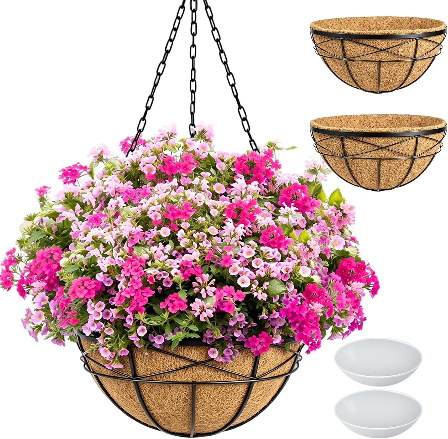 2 Pack 20 Inch Extra Large Deep Hanging Planters for Outdoor Plants Watering Hanging Baskets Flower Pots with Coco Liners Metal Hanging Plant Holder for Porch Balcony Garden Decor