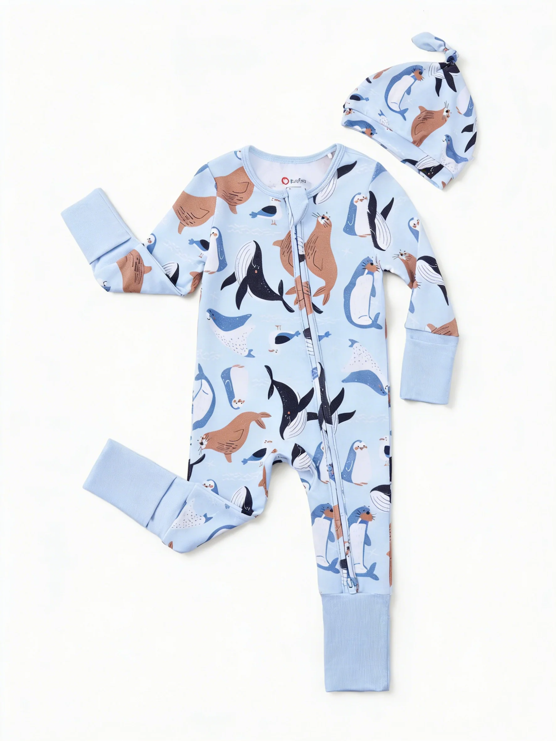 Bamboo Baby Boy/Girl Animal Printed 2-Way Zip Onesies anti Slip Long-Sleeve Footie with Hairband Royal Blue