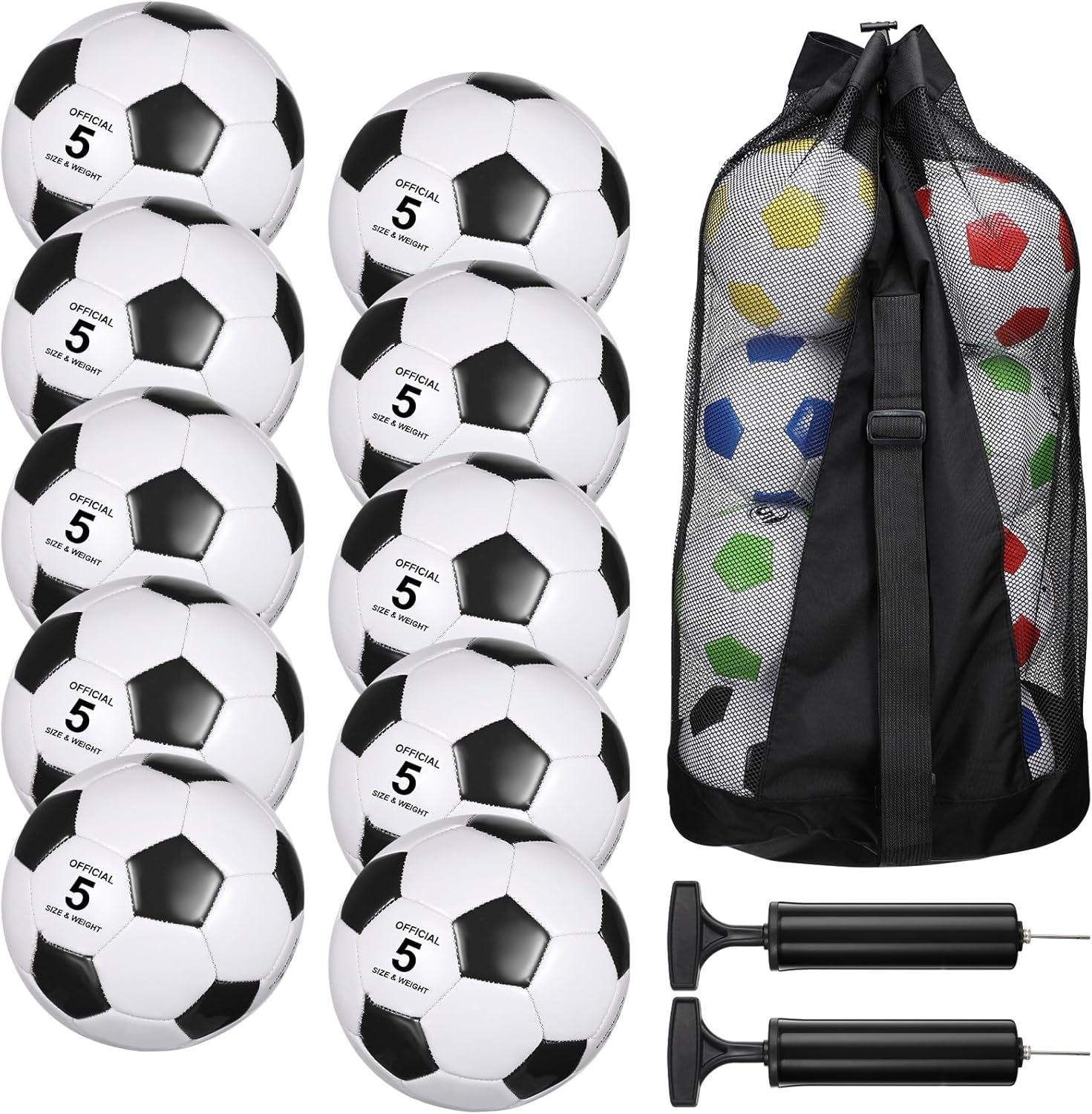 13 Pcs Soccer Ball Bulk 10 Pcs Official Size 4, 5 Soccer Ball with 2 Pump and Carry Bag Outdoor Indoor Training Practice Football Sports Party Back to School