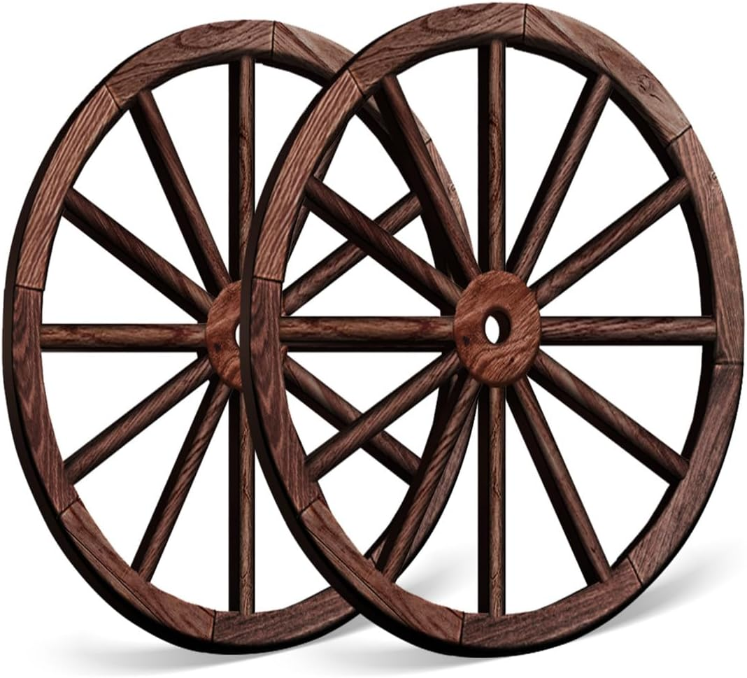 OYEFLY 2 Pcs Wagon Wheel Decor,Decorative Vintage Wood Garden Wagon Wheel,Vintage Rustic Wagon Wheel (Brown, 12 Inch)