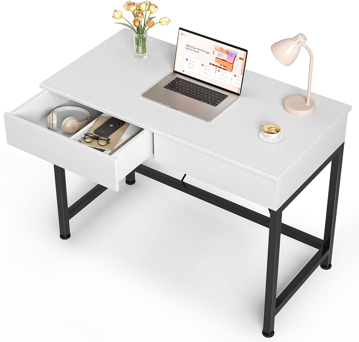 Small White Desk with 2 Wooden Drawers, 40 Inch Home Office Writing Desk, White Vanity Desk with Storage, Computer Desk for Bedroom Small Spaces, Table for Office, Work, Kids Study, Makeup