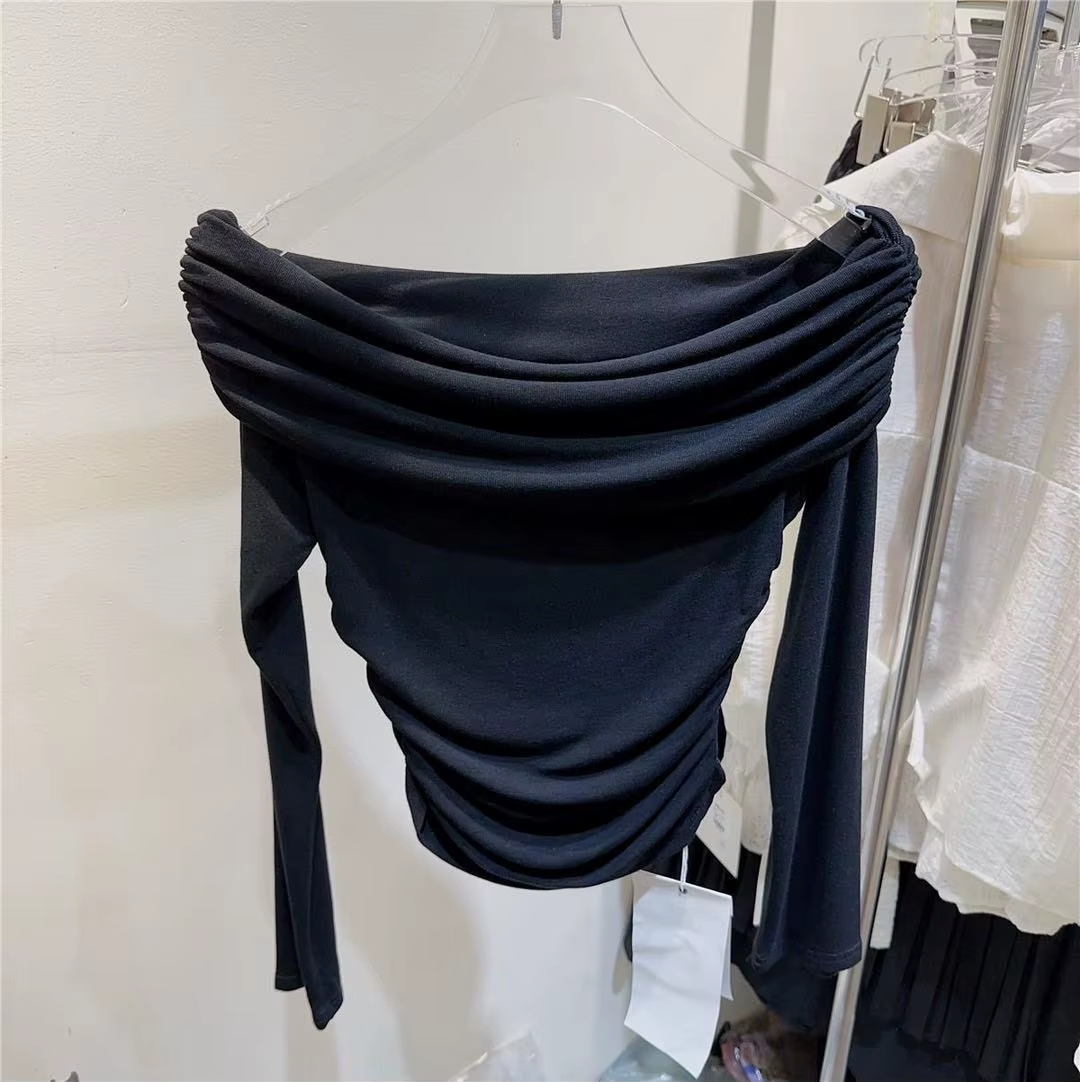 Dating Pleated Cross Shoulder Coat Women Waist Slimming Bottom T-Shirt Solid Color Everything Top