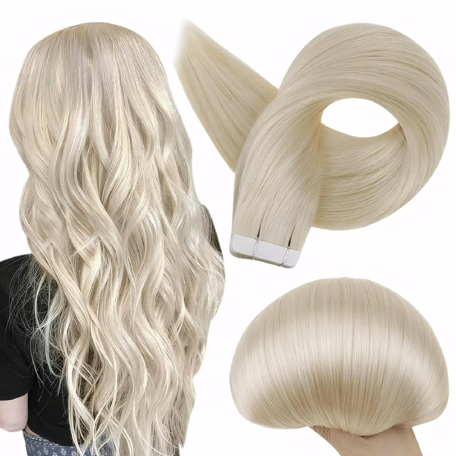 Tape in Hair Extensions Human Hair 60 Platinum Blonde Tape Hair Extensions Real Human Hair 18Inch Seamless Skin Weft Human Hair Extension Tape Ins 50G 20Pcs Invisible Remy Hair