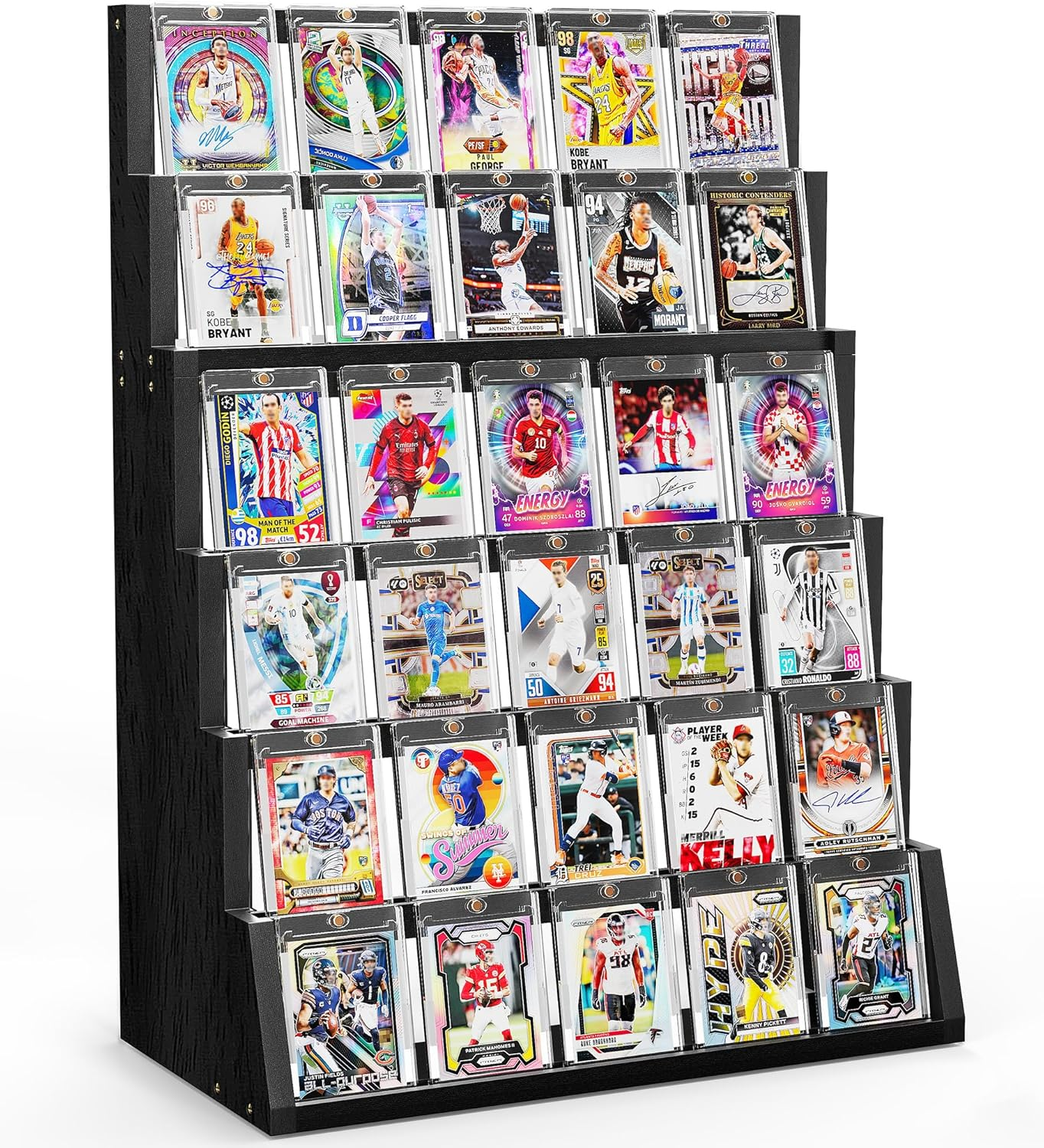 Card Display Stand, 6-Tier Trading Card Display, Wood Detachable Graded Card Display with Top Storage, High Capacity Trading Card Display Stand for Collection & Show (Black)