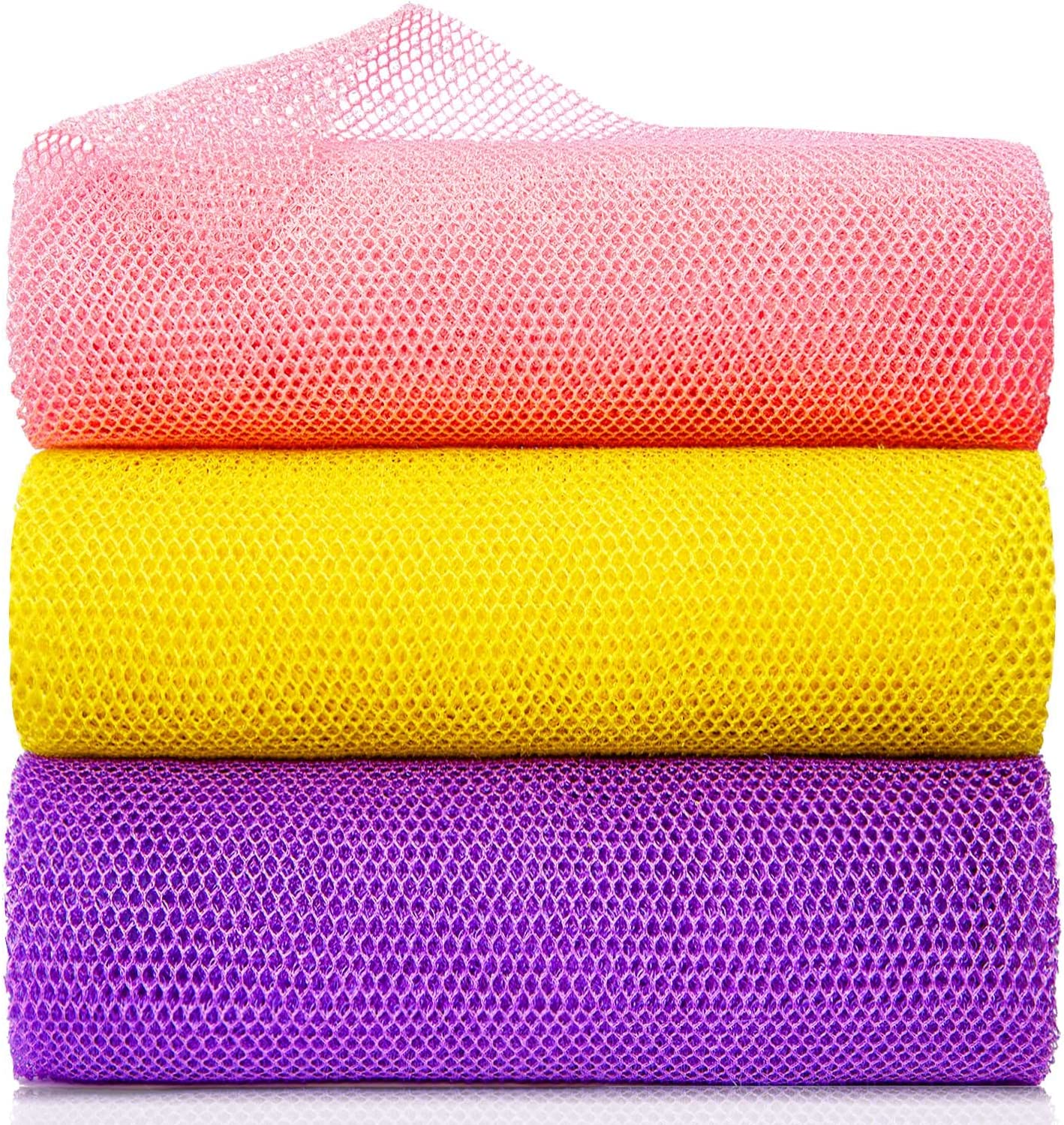 3 Pieces African Net Bath Sponge African Exfoliating African Scrubbing Long Net Rag African Wash Net Shower Body Scrubber, Yellow Pink Purple