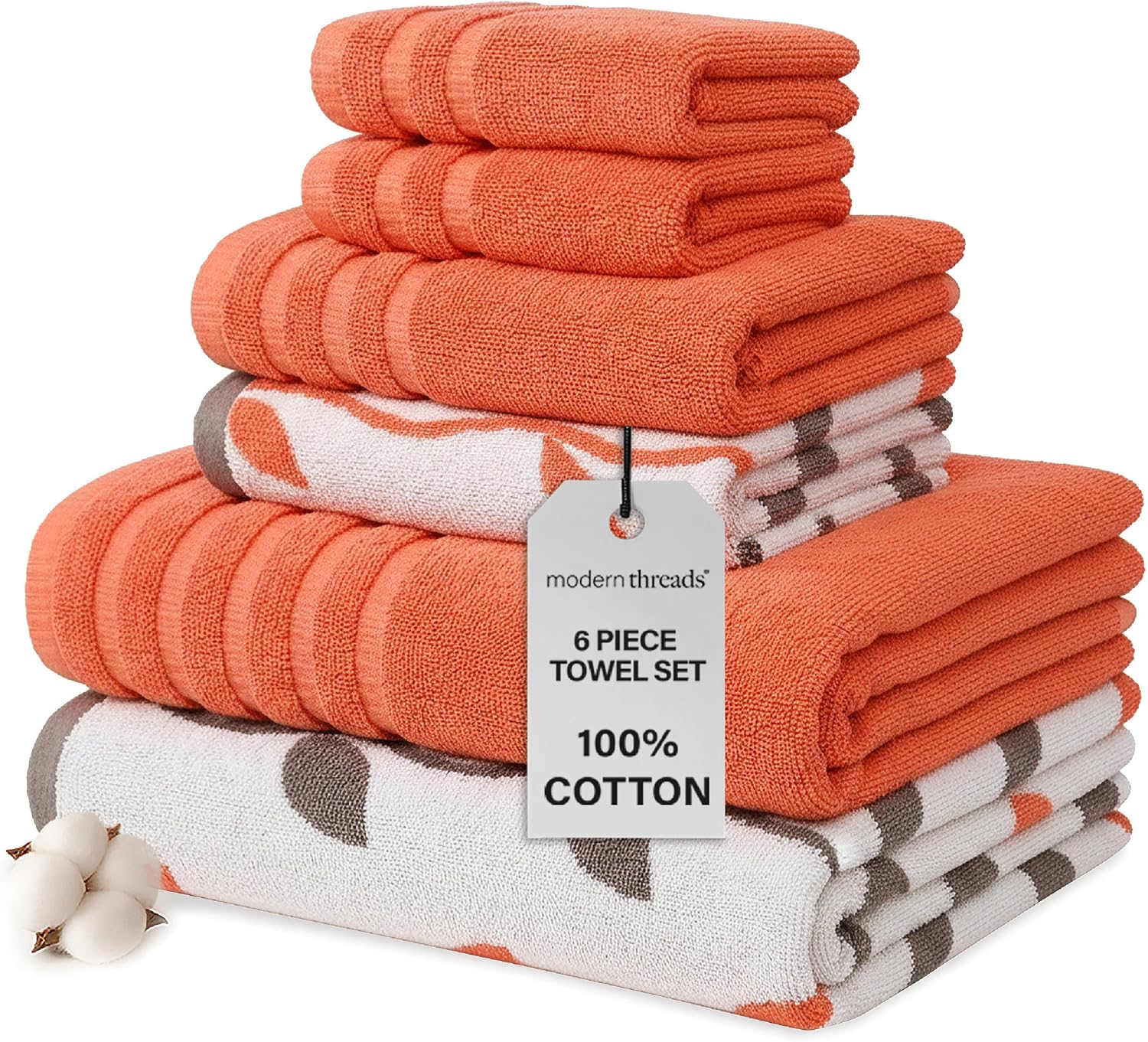 Natural Vine 6-Piece 100% Cotton Towel Set – Yarn Dyed Jacquard – Includes 2 Bath Towels, 2 Hand Towels, 2 Washcloths – Absorbent, Quick Dry, Soft & Durable – Rust Orange