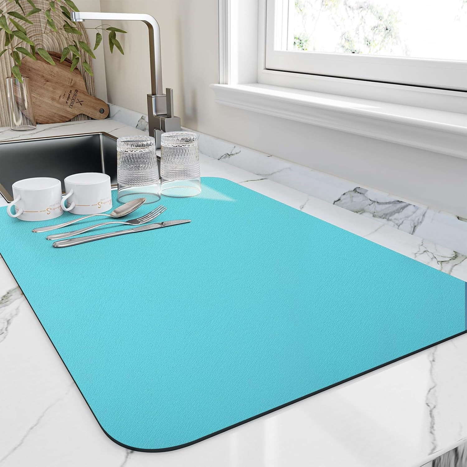 Dish Drying Mat for Kitchen Counter, Heat Resistant Drainer Mats with Non-Slip Rubber Backed, Hide Stain Kitchen Super Absorbent Draining Mat, Easy to Clean Dish Rack Pad, Teal 18