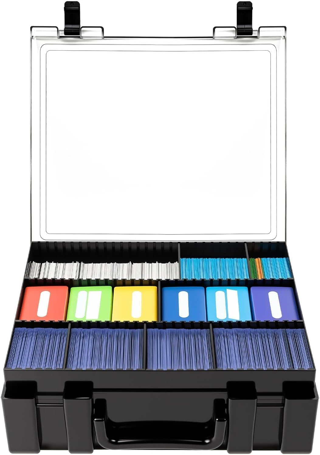 Trading Card Storage Box, Clear Plastic Card Organizer Case with Handle & 6 Dividers, Holds 2500+ Cards & Toploaders, Deck Box for MTG, for TCG, Baseball & Sports