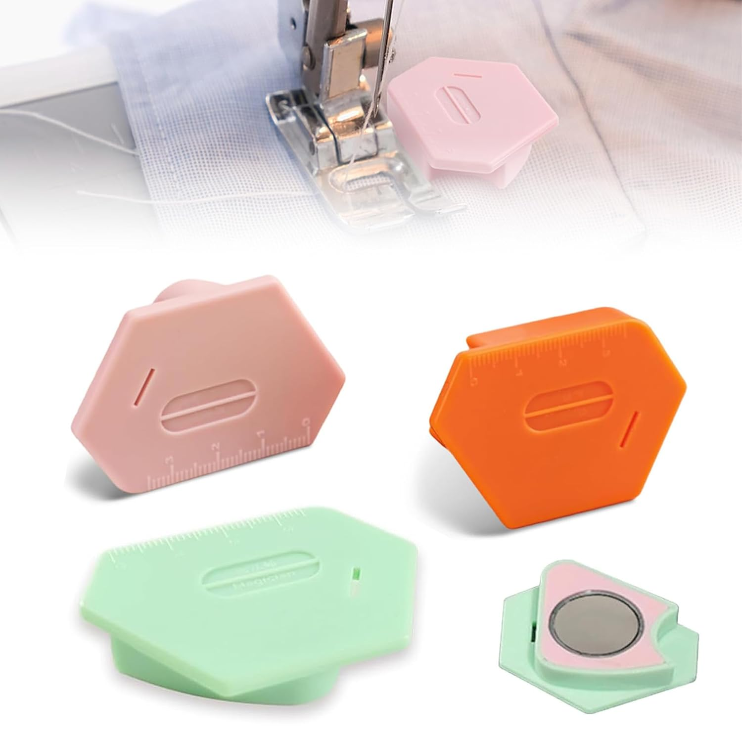 3 Pack Magnetic Seam Guide for Sewing Machine, Upgraded Multifunctional Polygonal Hemmer Guide with Scale, Universal Sewing Accessories Supplies for Magnet Making Machines (3Color)