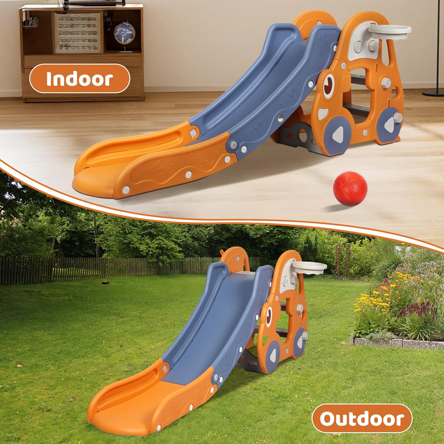 Bopeep 3 in 1 Kid Slide Set, with Climber Steps Basketball Hoop Indoor Outdoo... - Picture 8 of 14