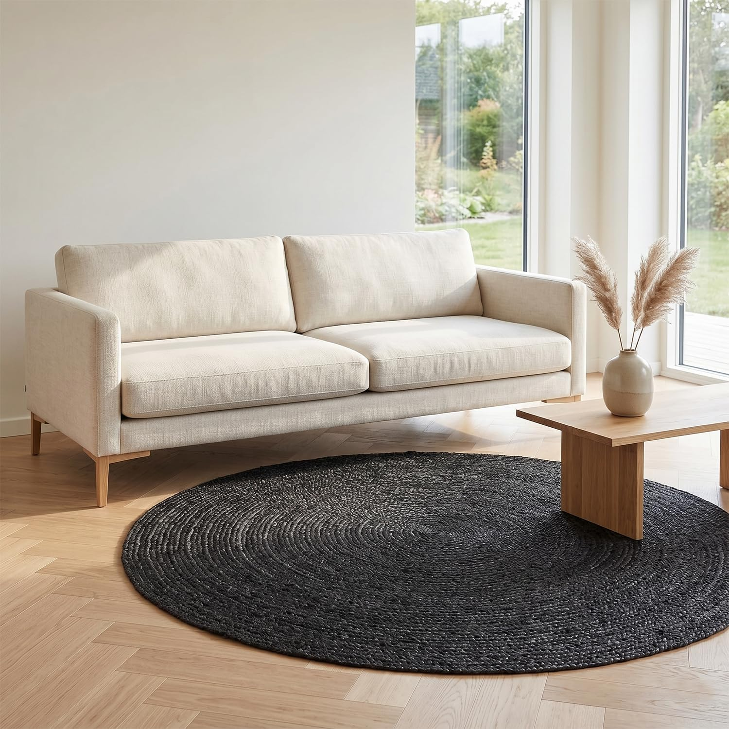 Jute Area Rug 10Ft Natural Fiber round Black Handwoven Boho Farmhouse Rustic Vintage Soft Braided Reversible Ecofriendly Rugs for Indoor Kitchen Bedroom Living Room Hallways (10' Ft Round)
