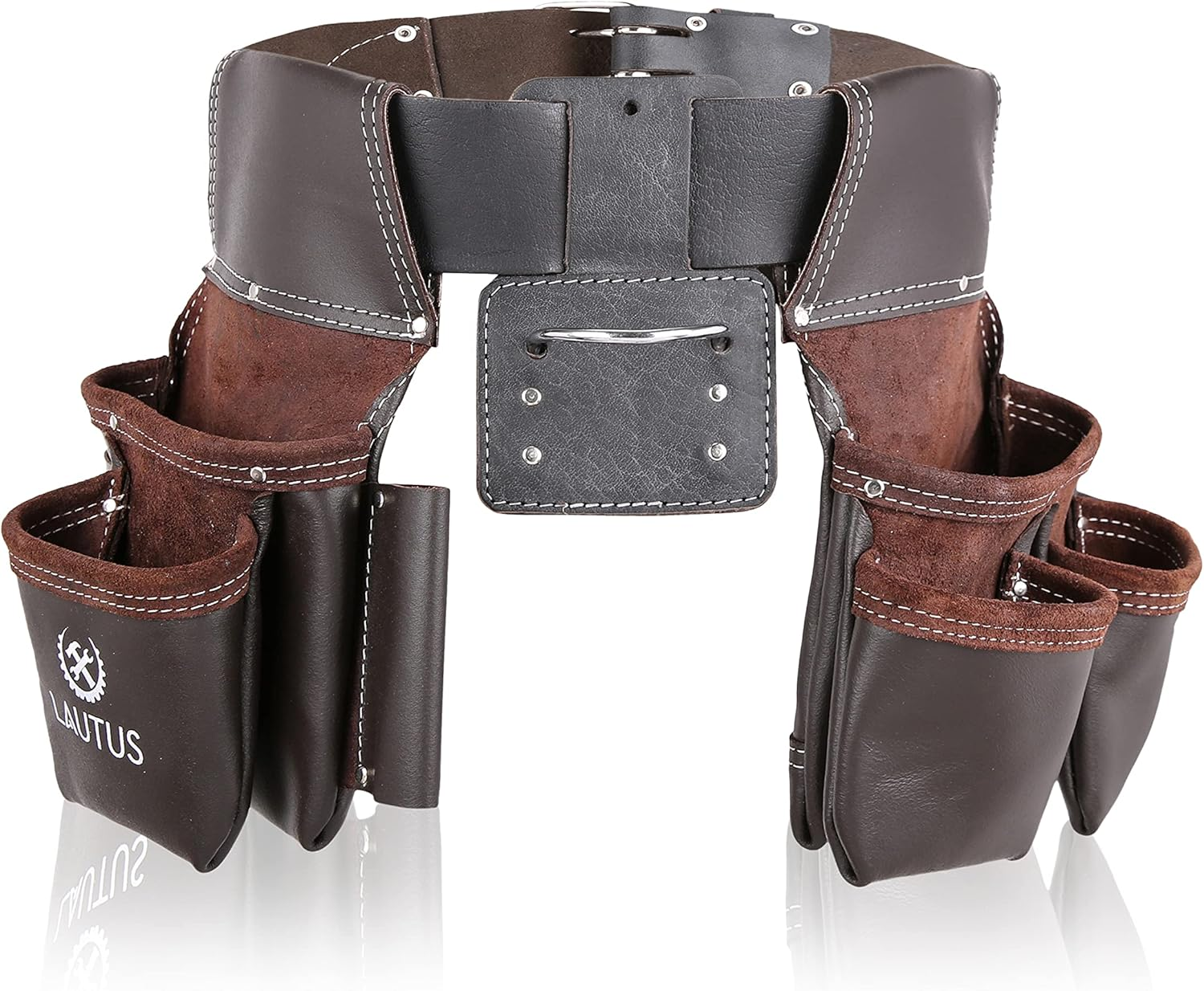 LAUTUS Oil Tanned Leather Tool Belt Rig, Carpenter, Construction, Framers, Handyman - 100% LEATHER |Adjustable Pockets| 8 Pockets | 4 Loop & Hammer Holder|