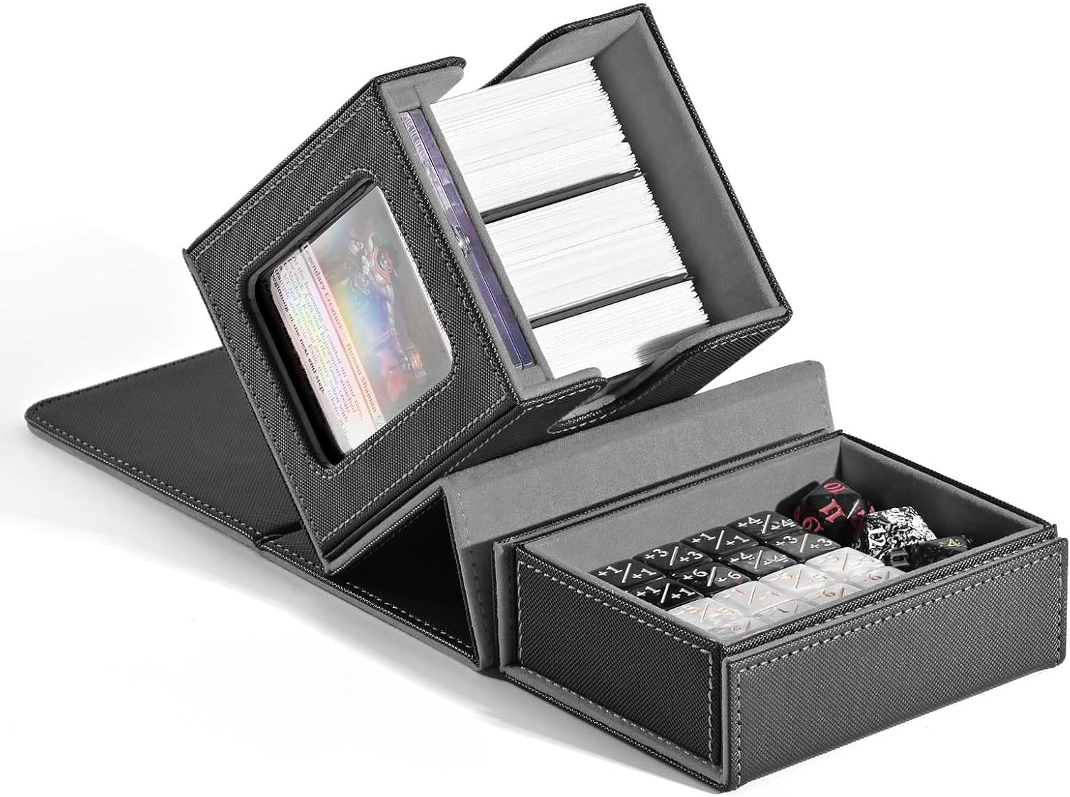 ZLCA MTG Commander Deck Box with Display Window, Card Deck Box Holds 100 Double-Sleeved with Dice Tray & 35Pt Magnetic Card Holder (Black&Grey)