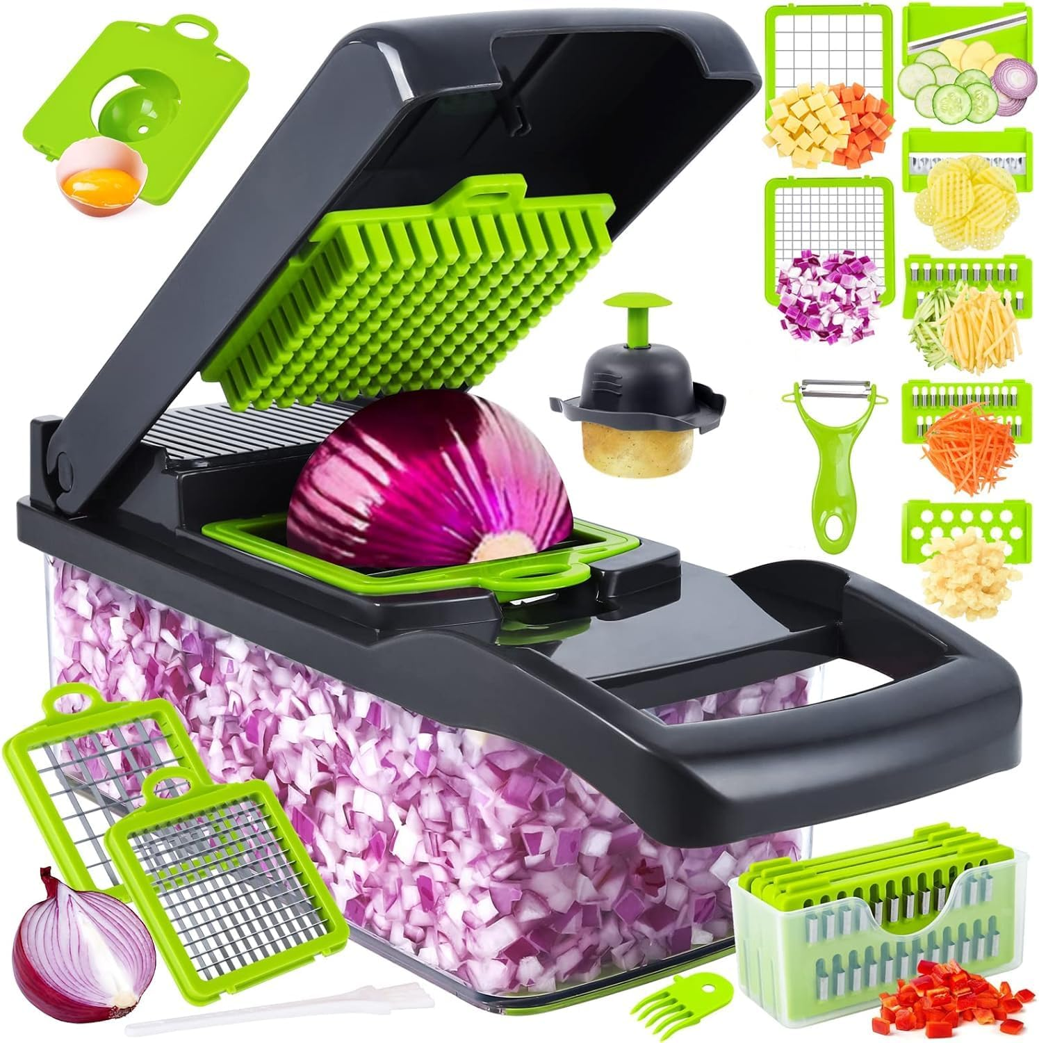 Vegetable Chopper, Pro Onion Chopper, 14 in 1Multifunctional Food Chopper, Kitchen Vegetable Slicer Dicer Cutter,Veggie Chopper with 8 Blades,Carrot and Garlic with Container (Gray) (Gray)
