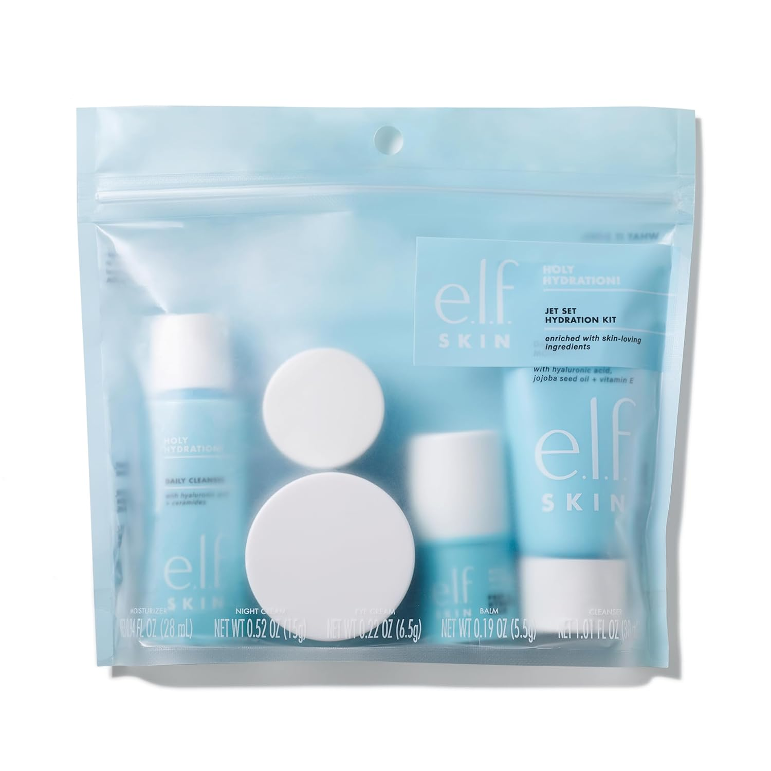 E.L.F. SKIN Holy Hydration! Jet Set Hydration Kit, Travel Friendly Hydrating Skincare Set, Face Cleanser, Balm, Moisturizer, Eye Cream & Night Cream, Vegan & Cruelty-Free