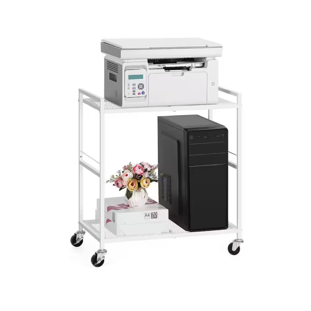 2 Tier Metal Rolling Computer Tower Stand Mobile Printer Cart with Storage under Desk for Home Office White