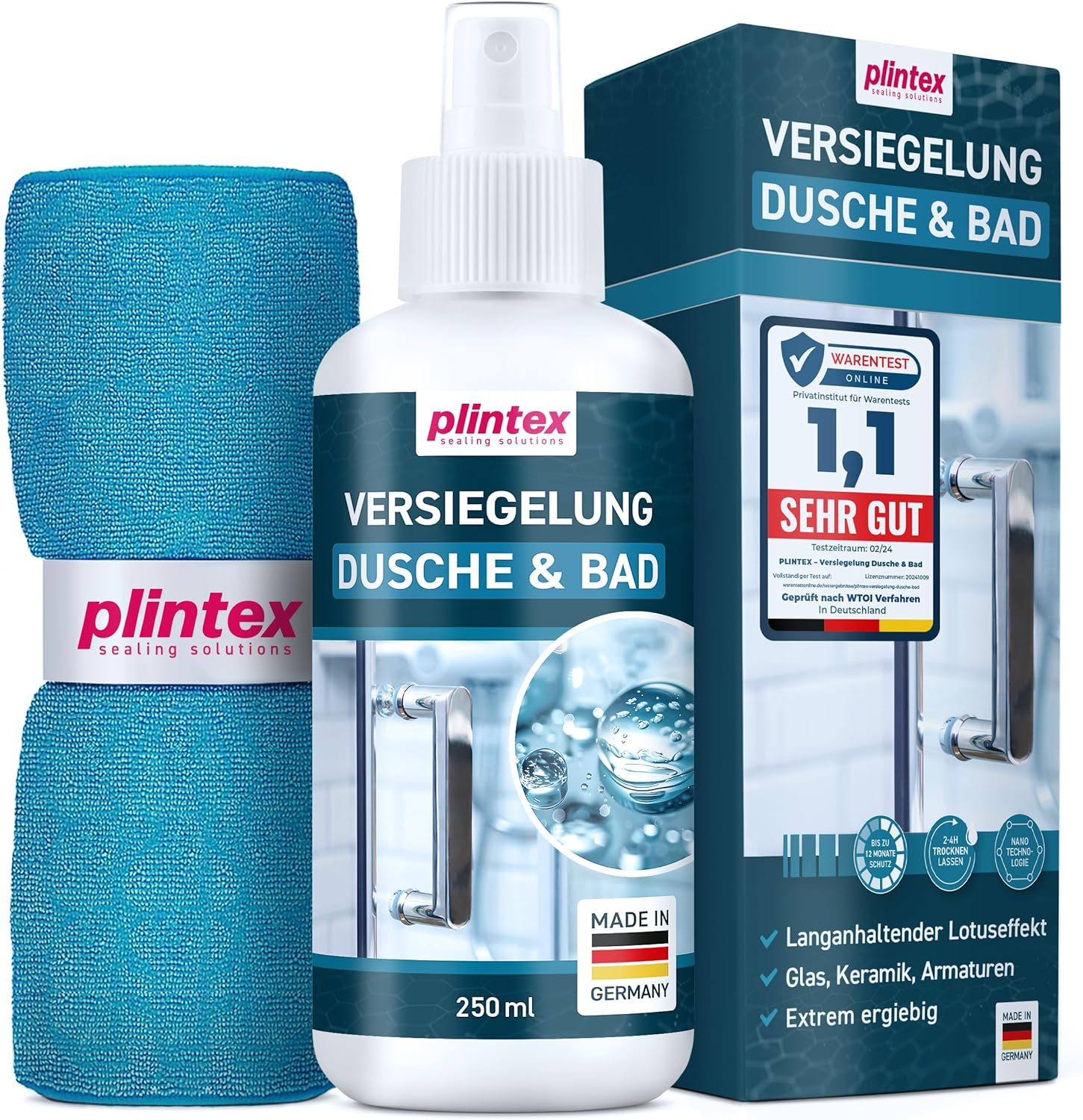 PLINTEX® Duschglas-Versiegelung Für Dusche & Bad 250Ml - Lotuseffekt - Nano-Glasversiegelung Für Glas, Fliesen, Armaturen, Keramik Inkl. Mikrofasertuch