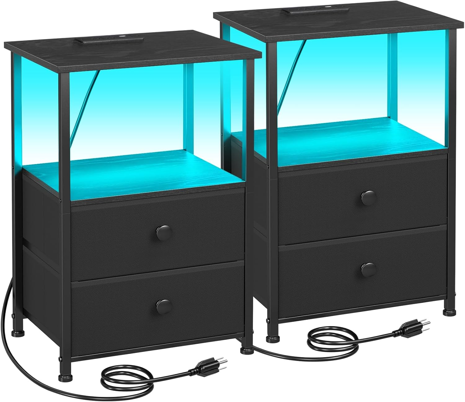 LOAKEKEL Night Stand Set 2, LED Nightstand with Charging Station, End Tables 